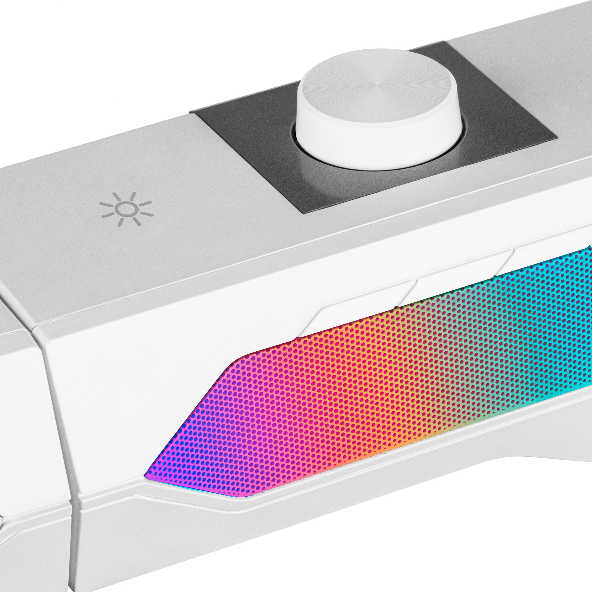Un dispositivo bianco e grigio con un quadrante circolare e una striscia luminosa a gradiente colorata. Ha una trama a griglia.