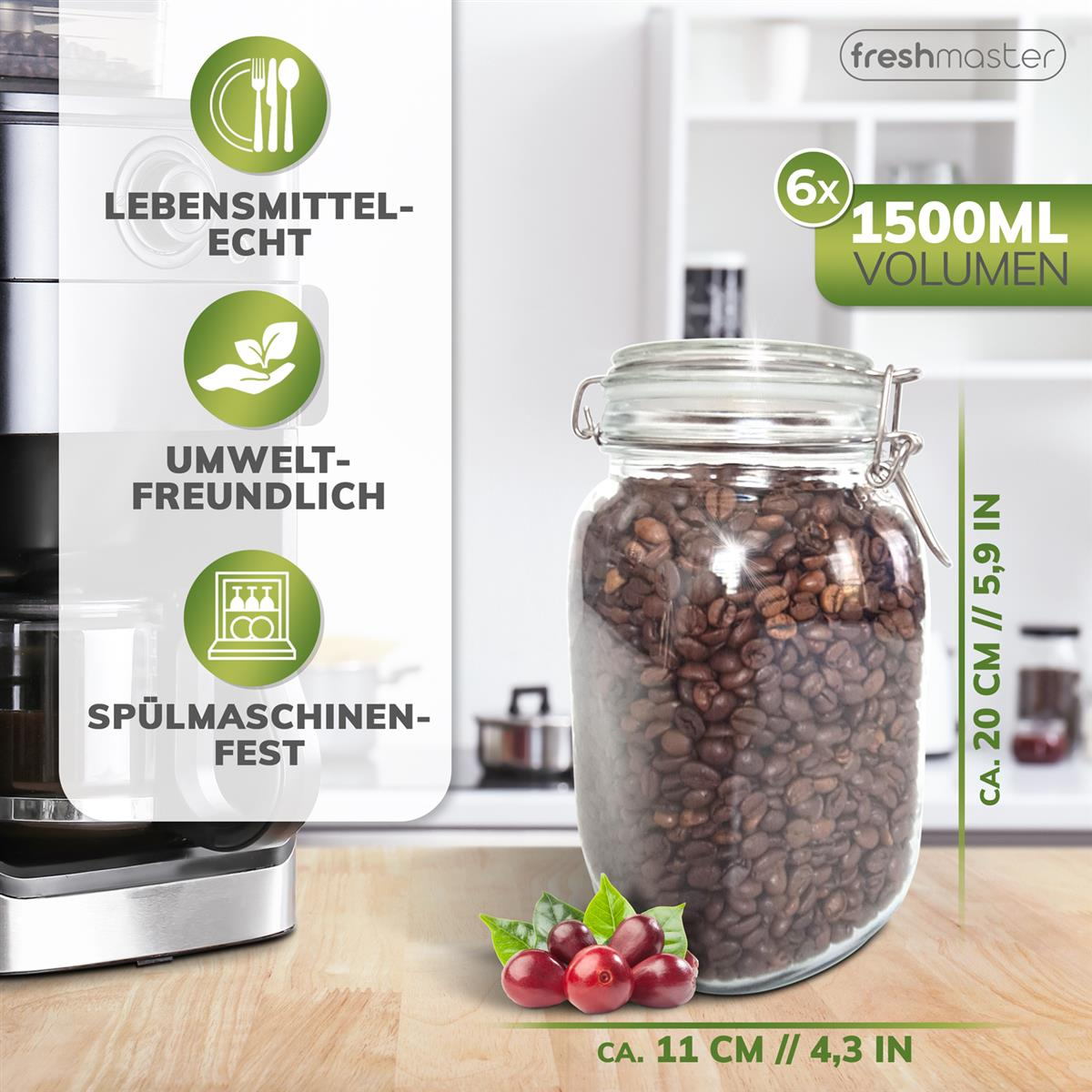 Ein Glas mit Kaffeebohnen, daneben Symbole und Text zu Lebensmittelsicherheit und Umweltfreundlichkeit.