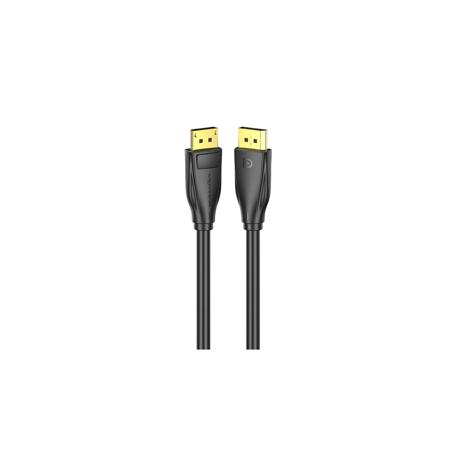 Cavo DisplayPort nero. Il cavo ha due estremità. Sfondo bianco.