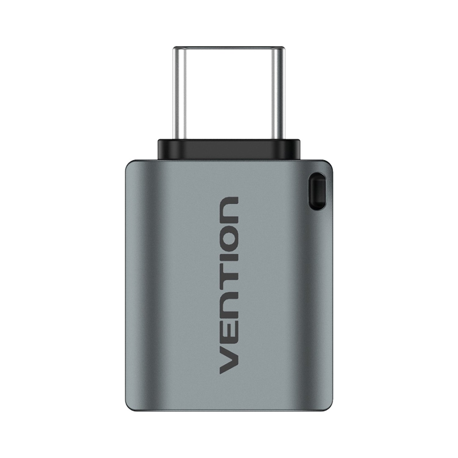 Adattatore Vention grigio. Adattatore da USB-C a USB. Sfondo grigio.