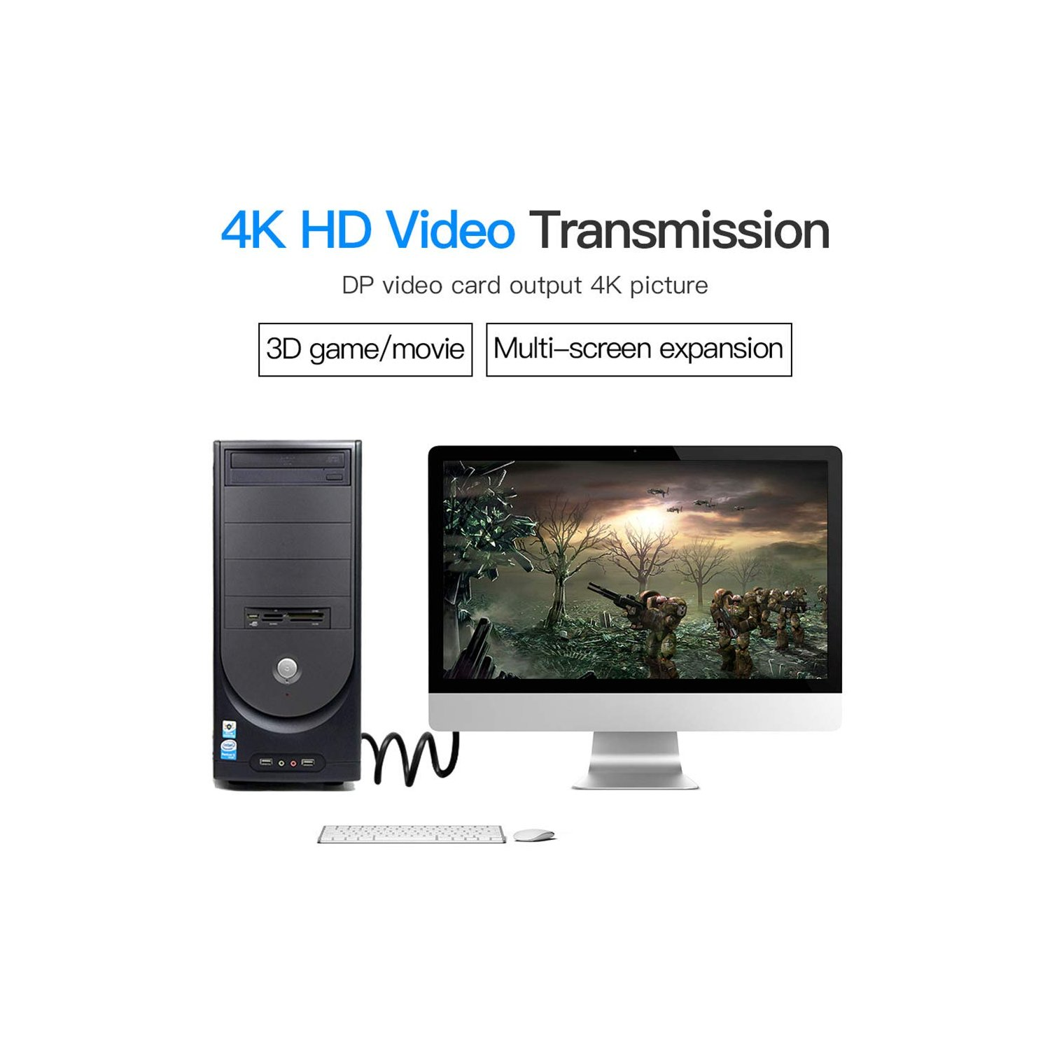 Konfiguracja komputera z komputerem stacjonarnym, monitorem, klawiaturą i myszą. Na monitorze znajduje się gra.