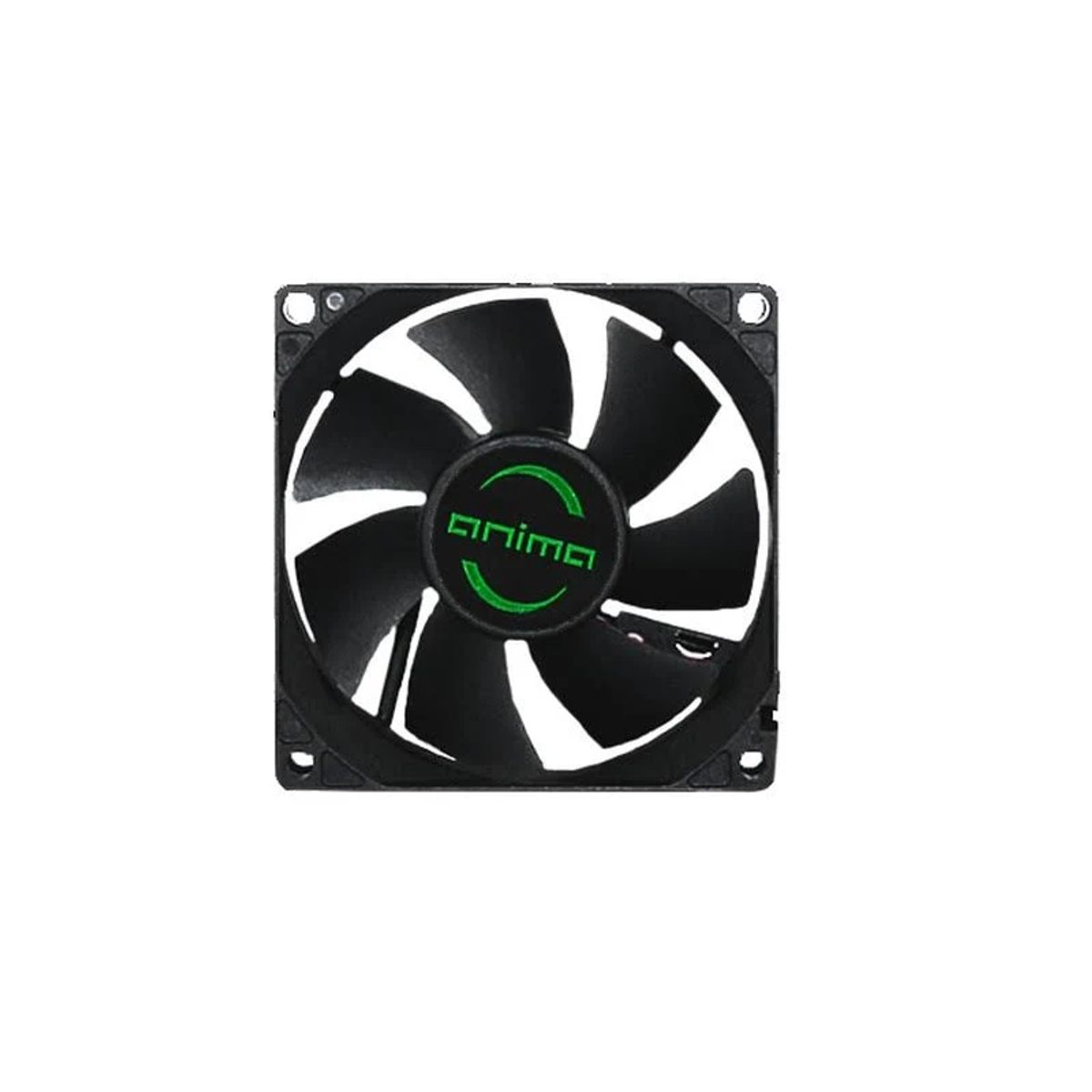 Ventilador de ordenador con aspas negras y logo verde en marco negro.