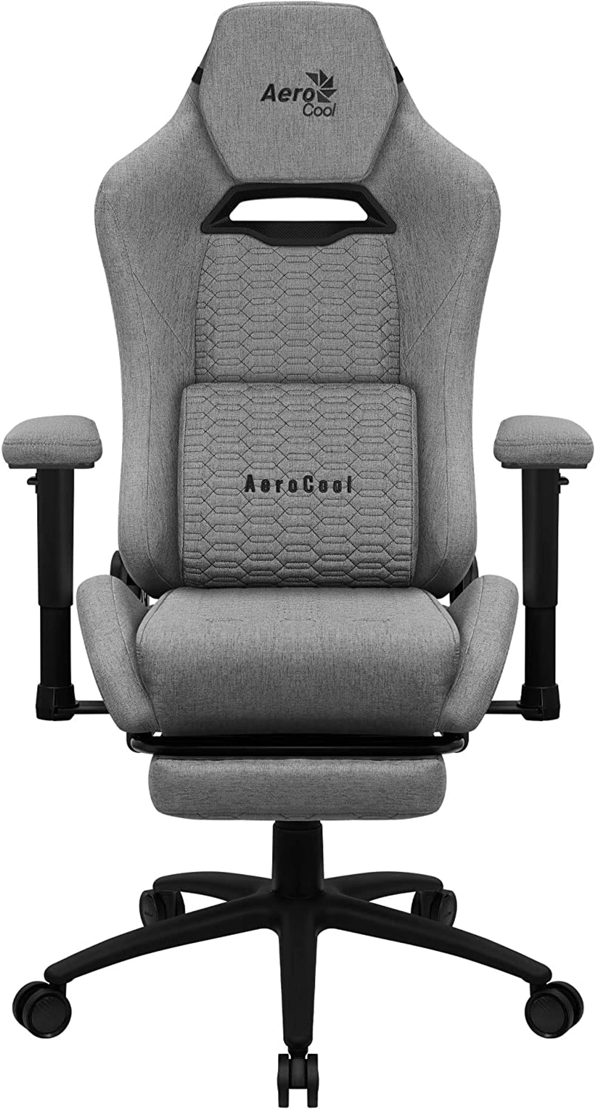 Szary fotel gamingowy z czarną podstawą, podłokietnikami i poduszką lędźwiową.