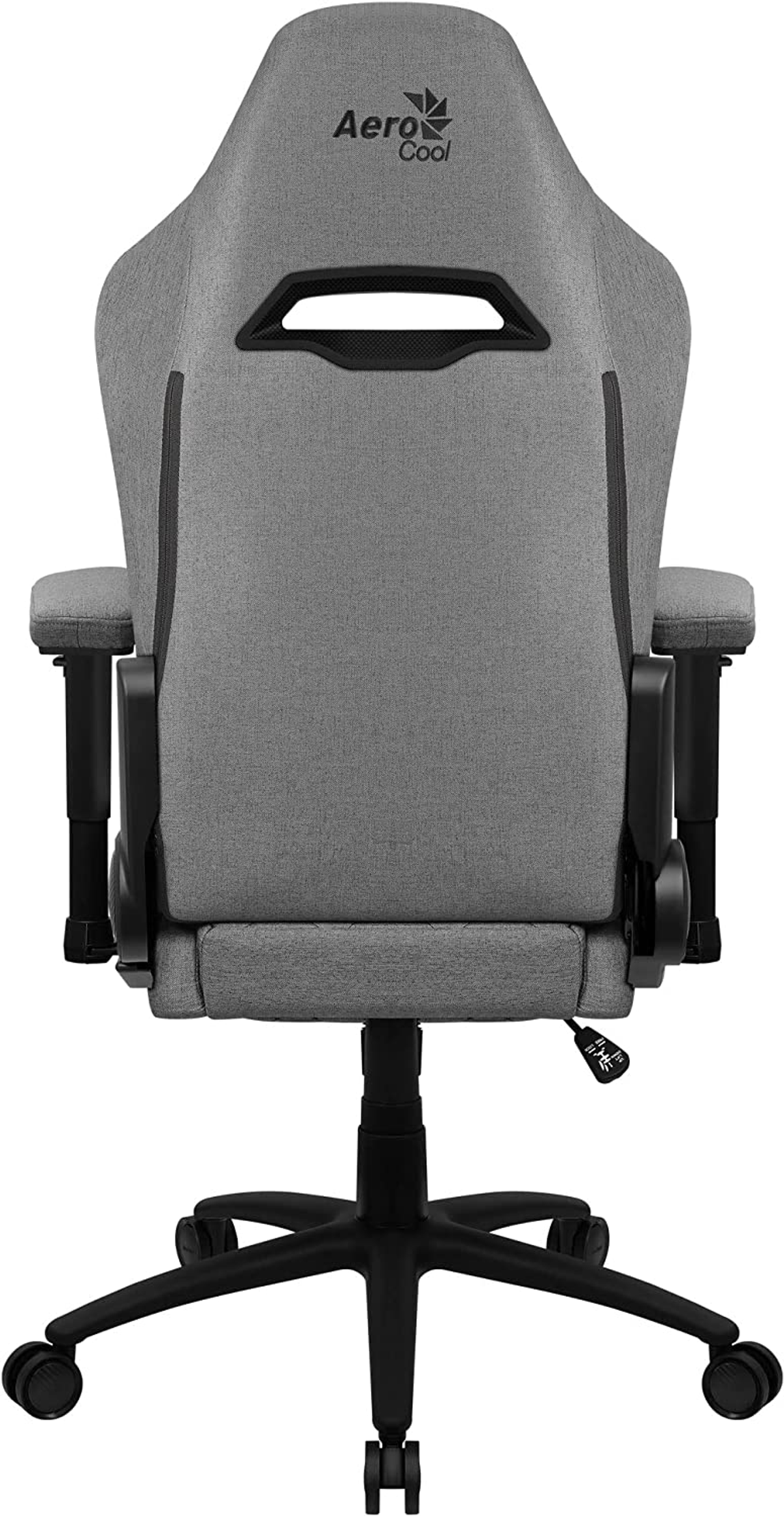 Szare krzesło gamingowe, widok z tyłu. Wysokie oparcie z logo, szara tkanina. Czarna podstawa z kółkami i podłokietnikami.