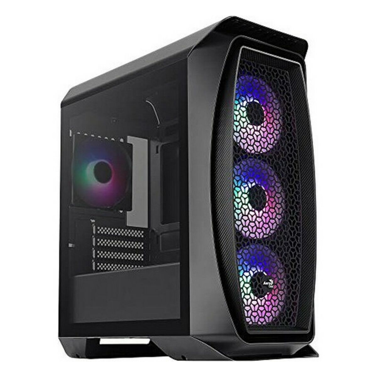 Un case per computer nero con ventole RGB visibili attraverso un pannello frontale a rete.