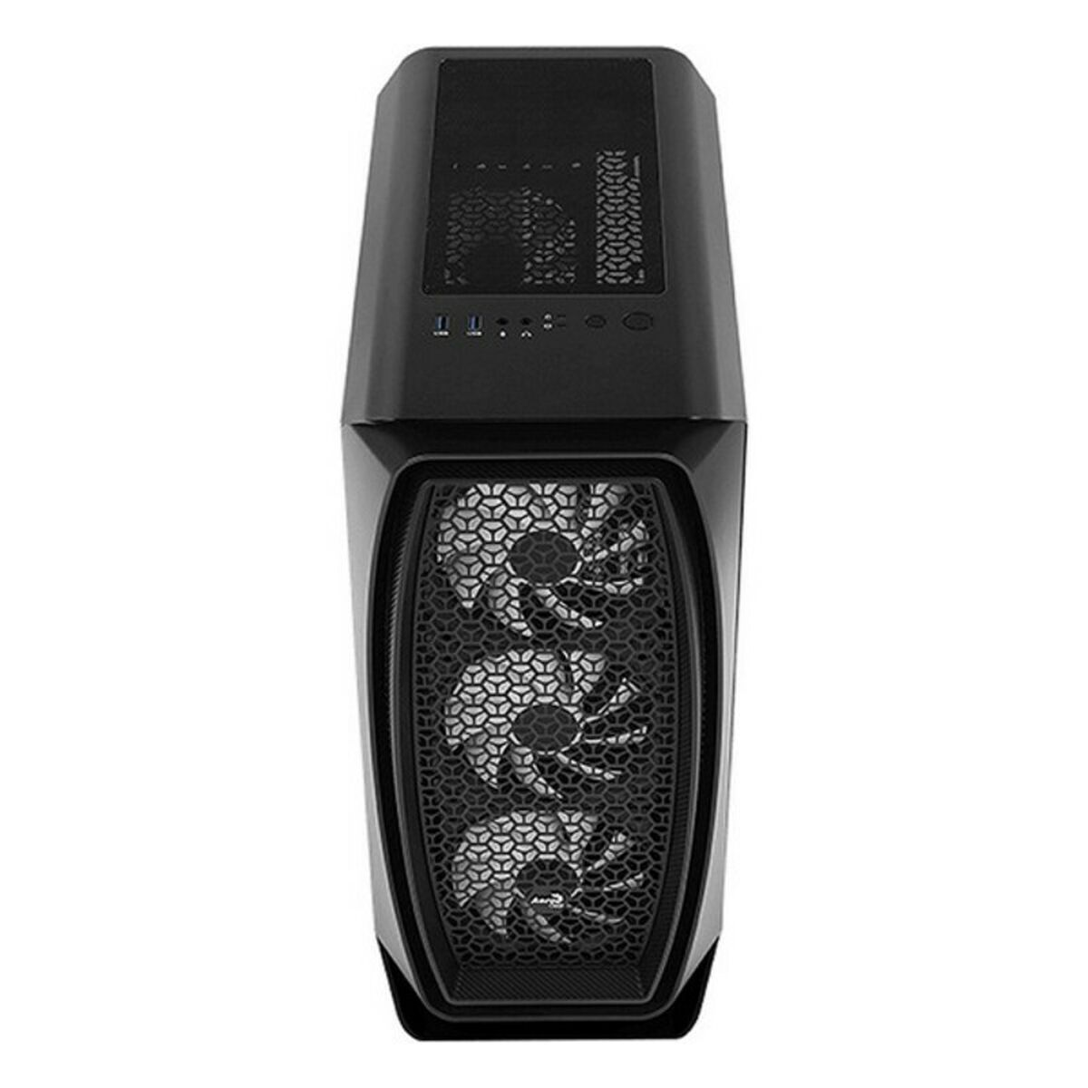 Un case per computer nero con un design unico. Presenta un pannello frontale con un design a rete.