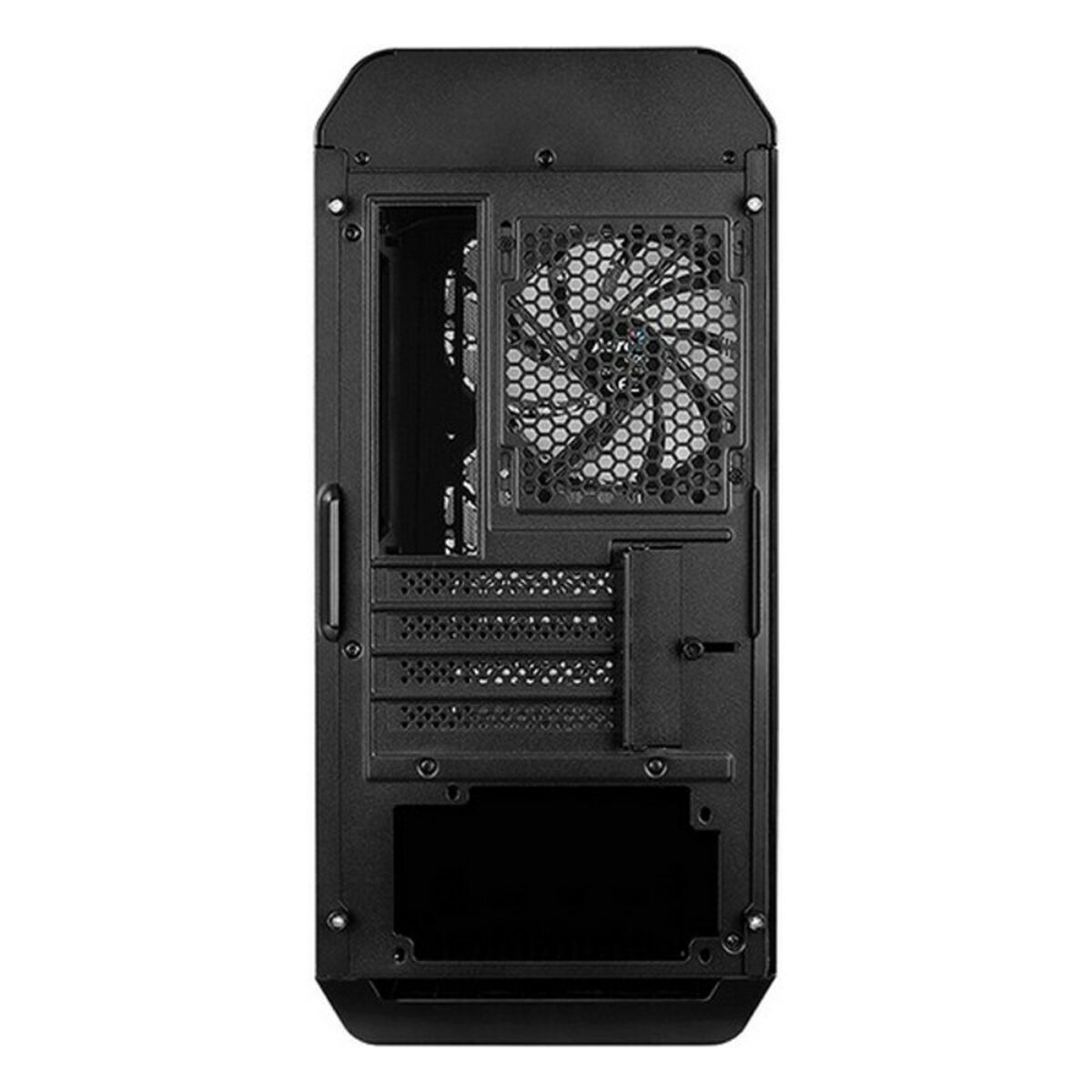Una vista posteriore di un case per computer nero. Ha una ventola, feritoie e diverse aree di montaggio.