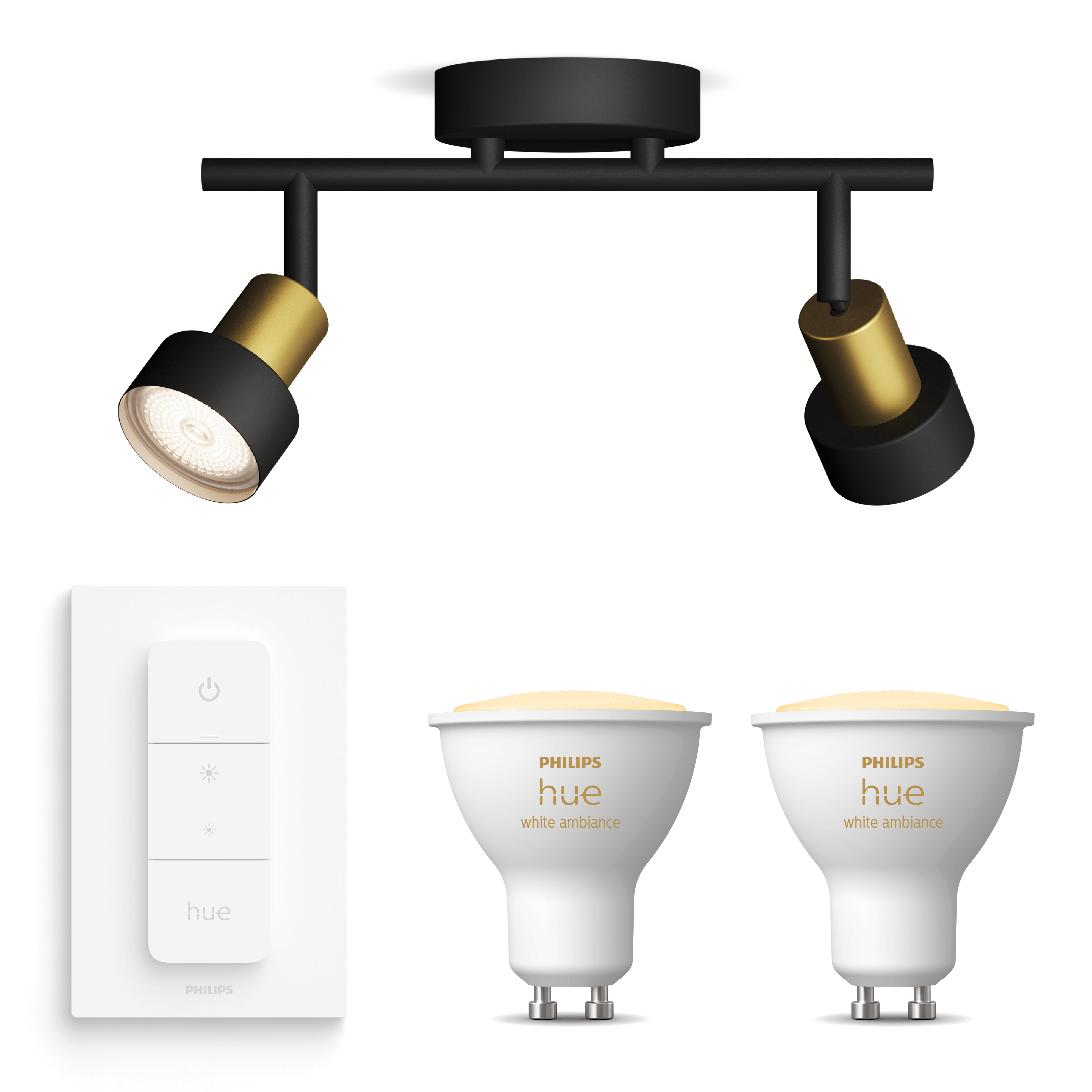 Ophangfoto van twee spots en een afstandsbediening. Twee witte hue-lampen zijn ook te zien.