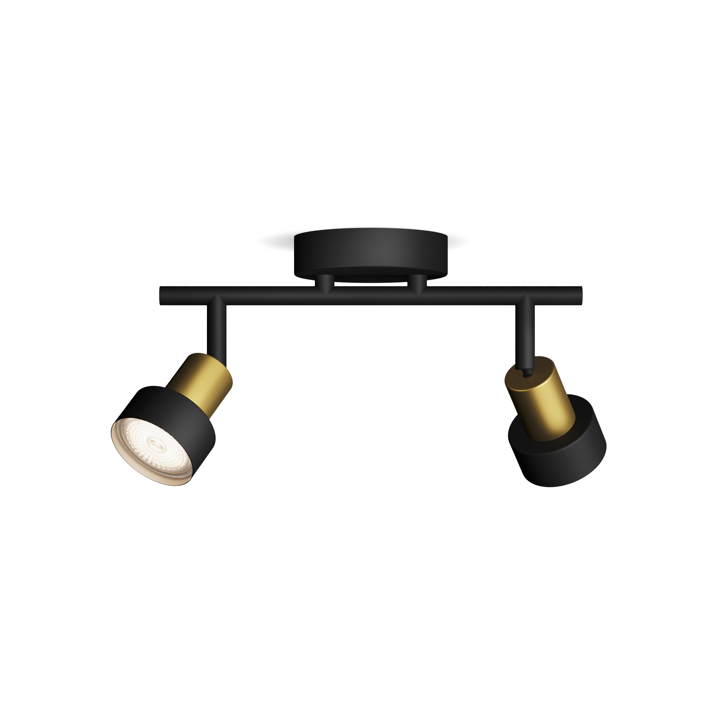 Een zwart-gouden plafondspotarmatuur met twee verstelbare lampen.