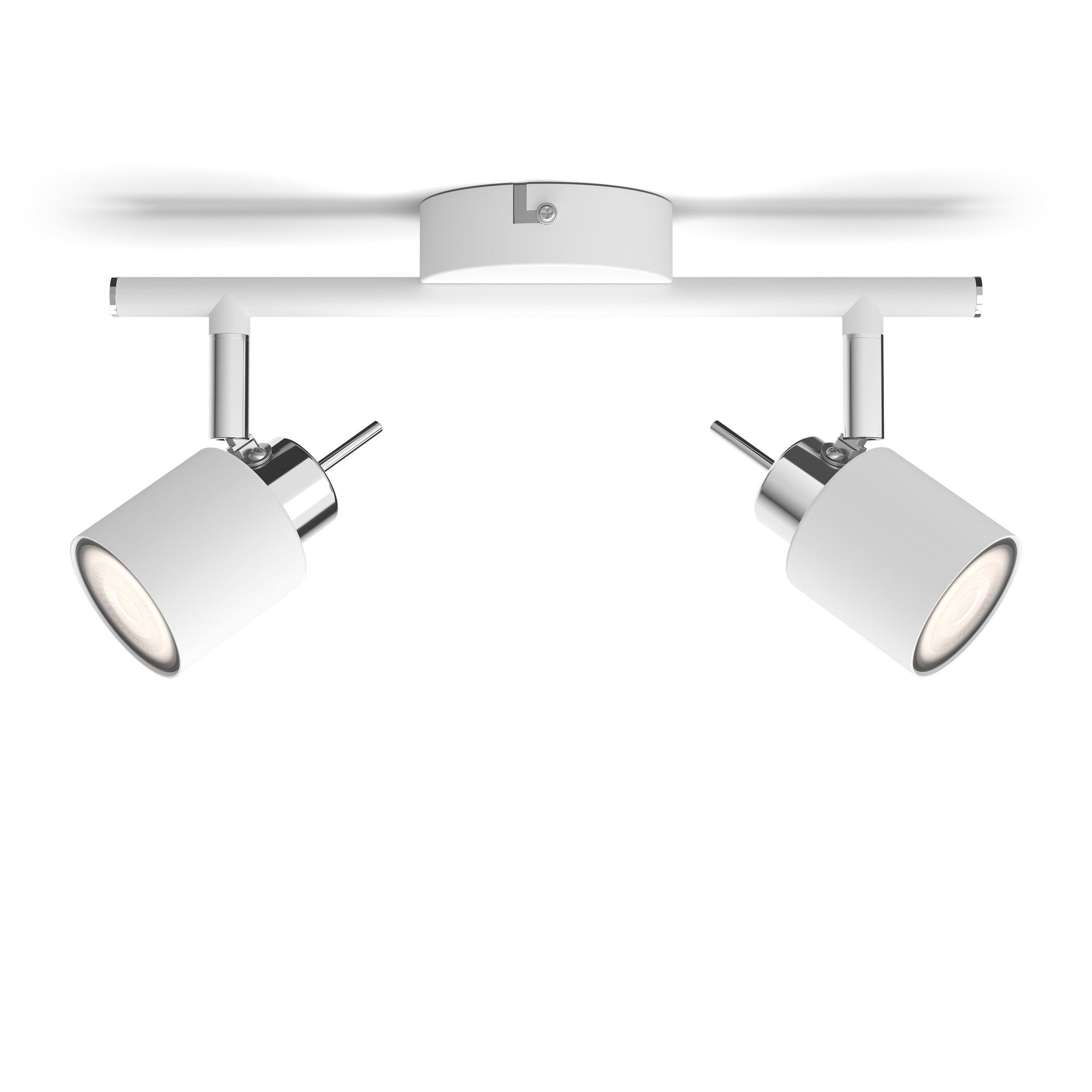 Een witte plafondlamp met twee verstelbare lampen.