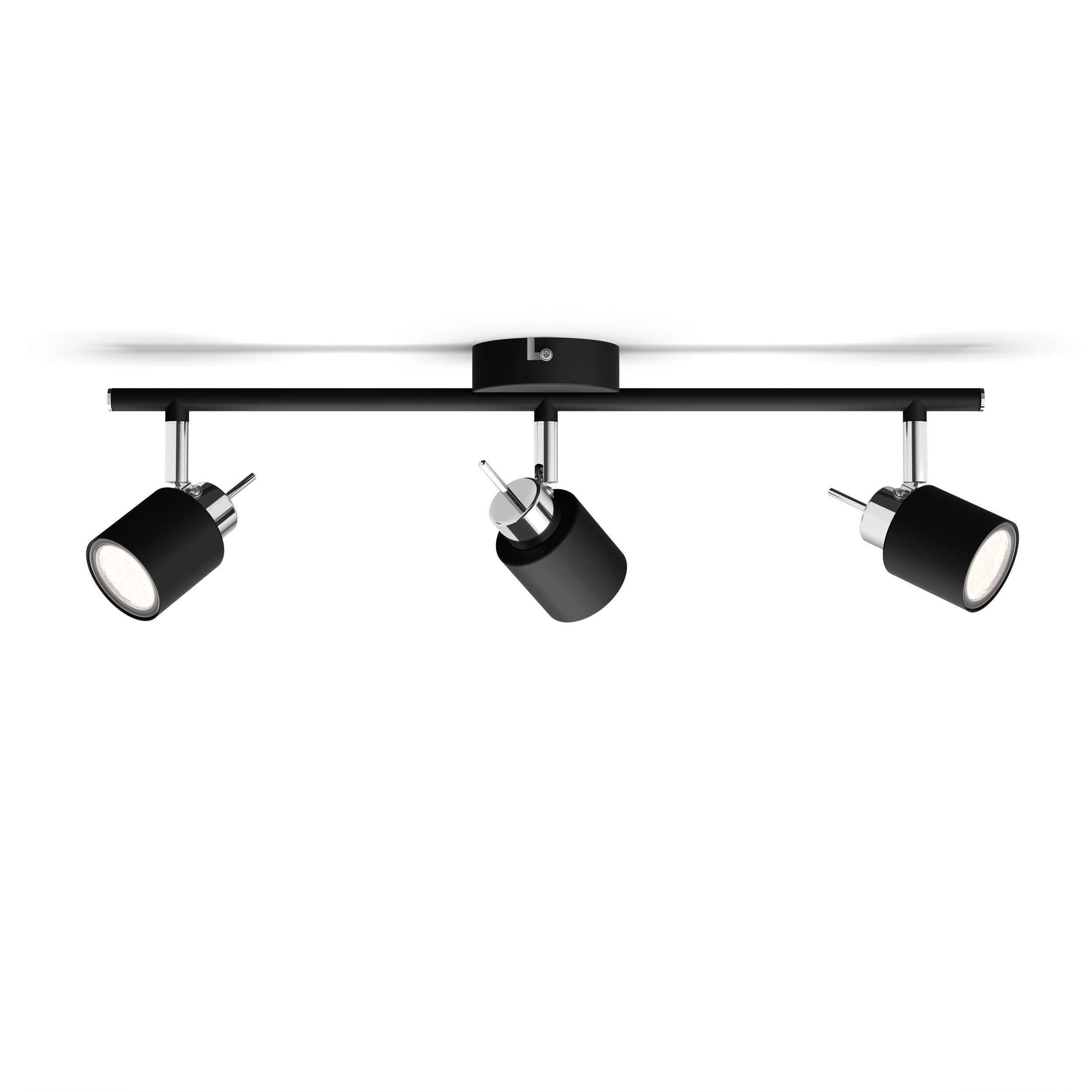 Black track lighting with three adjustable black spotlights. White background.