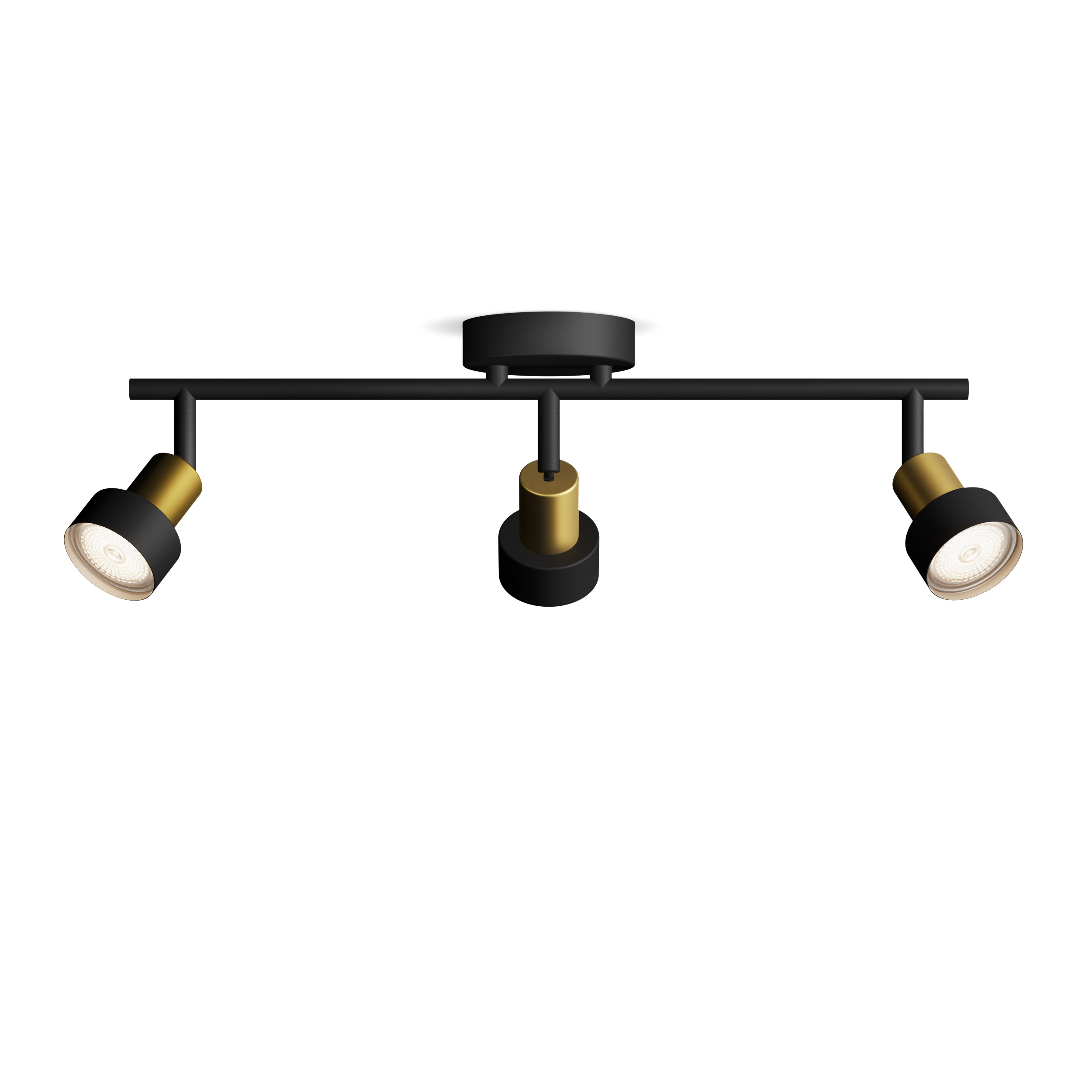 Zwarte plafondlamp met drie spots, twee zwart en goud, één goud.