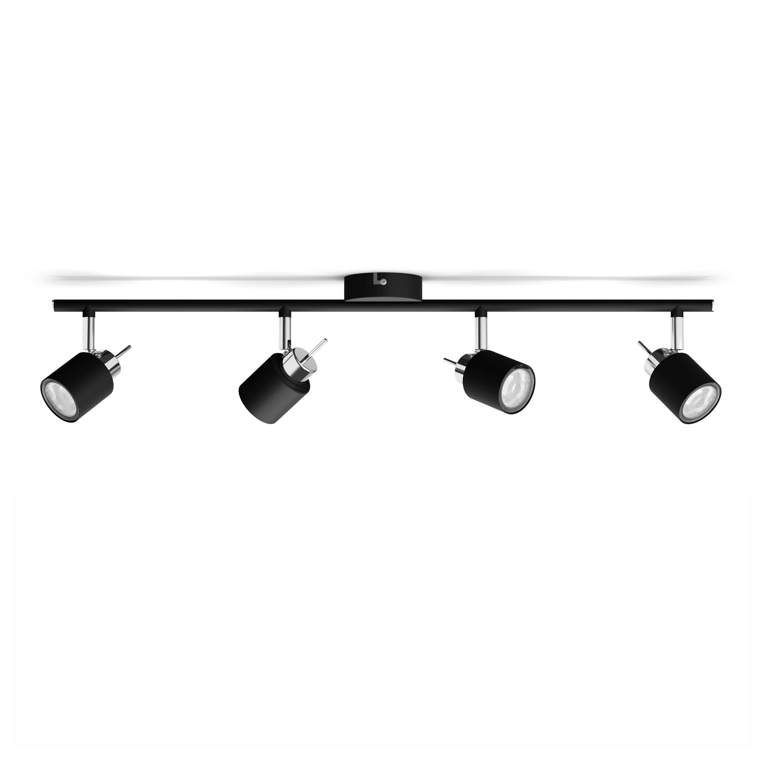 Zwarte plafondlamp met vier spots, allemaal dezelfde kant op, op een witte achtergrond.