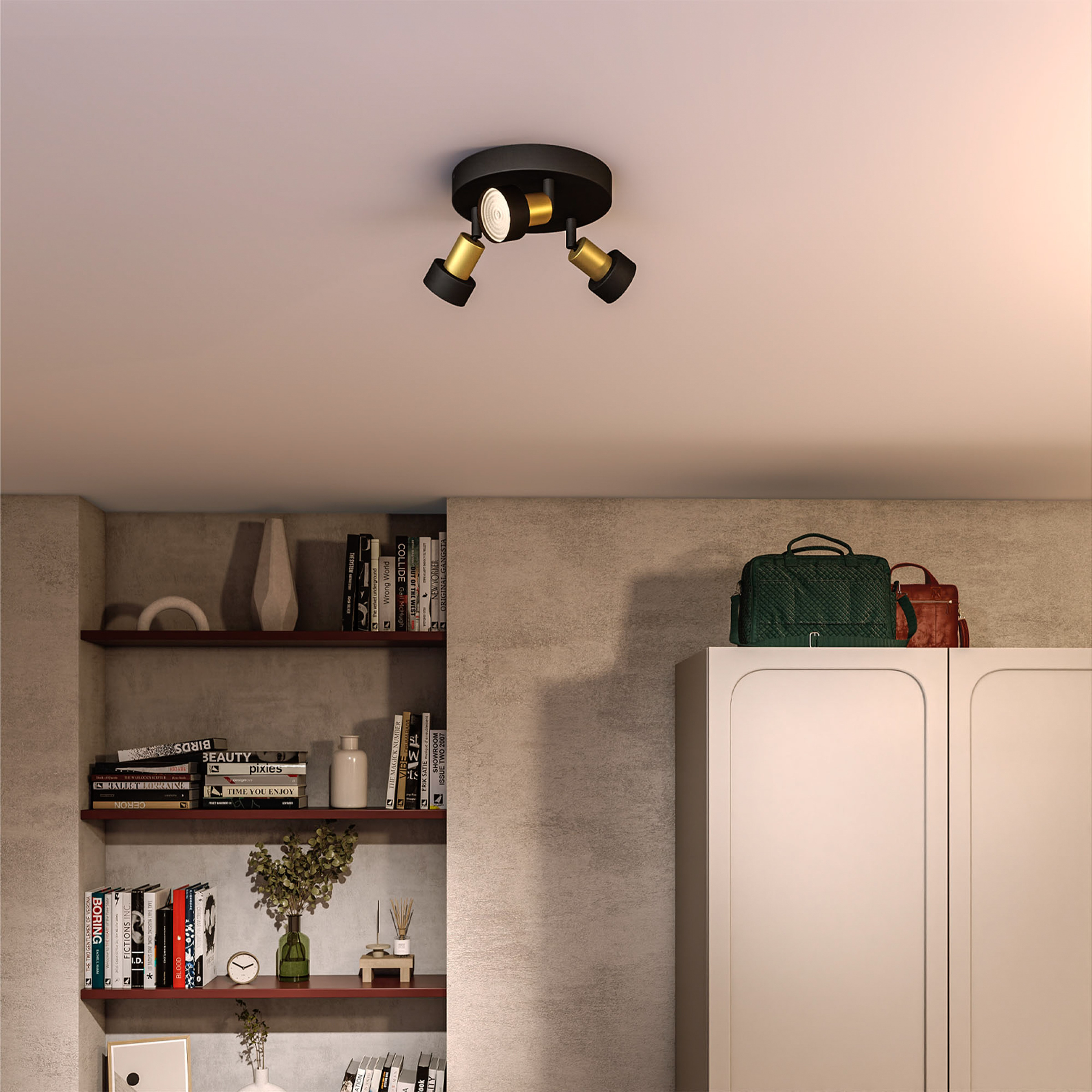 Ceiling-mounted black and gold spotlights. Bookshelves with books and vases are in the background.