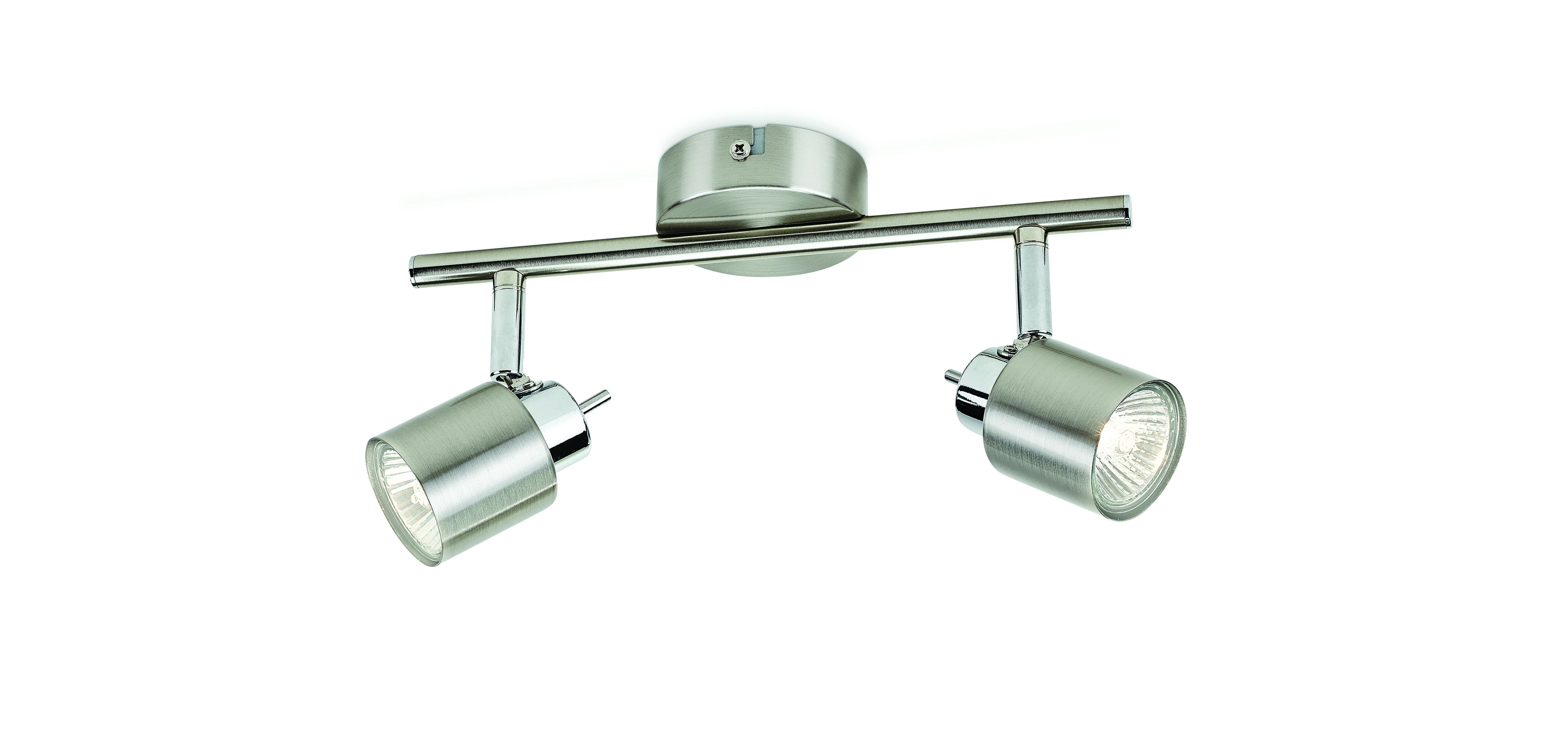 Two silver spotlights on a bar, angled on a white background.  Isolated lights.