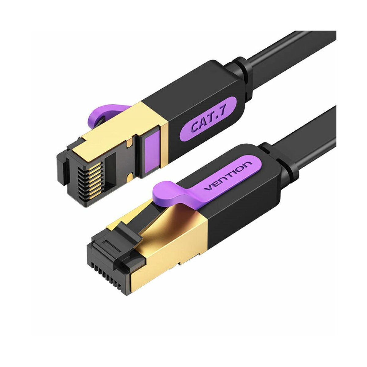 Zwei schwarze und goldene Ethernet-Kabel mit lila Steckern. Das Etikett lautet 'CAT.7' und 'VENTION'.