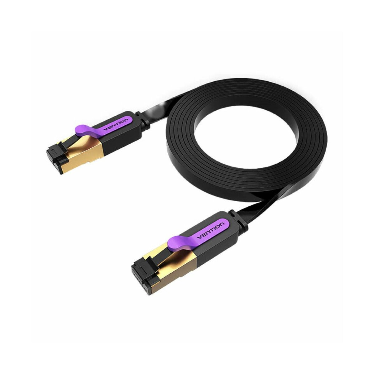Schwarzes Ethernet-Kabel, kreisförmig aufgerollt, mit lila Steckern. Das Etikett lautet 'VENTION'.