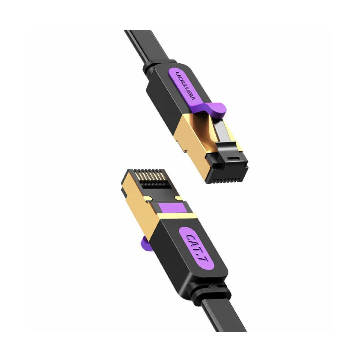 Ein schwarzes Ethernet-Kabel mit violetten Akzenten und goldenen Anschlüssen wird angezeigt.