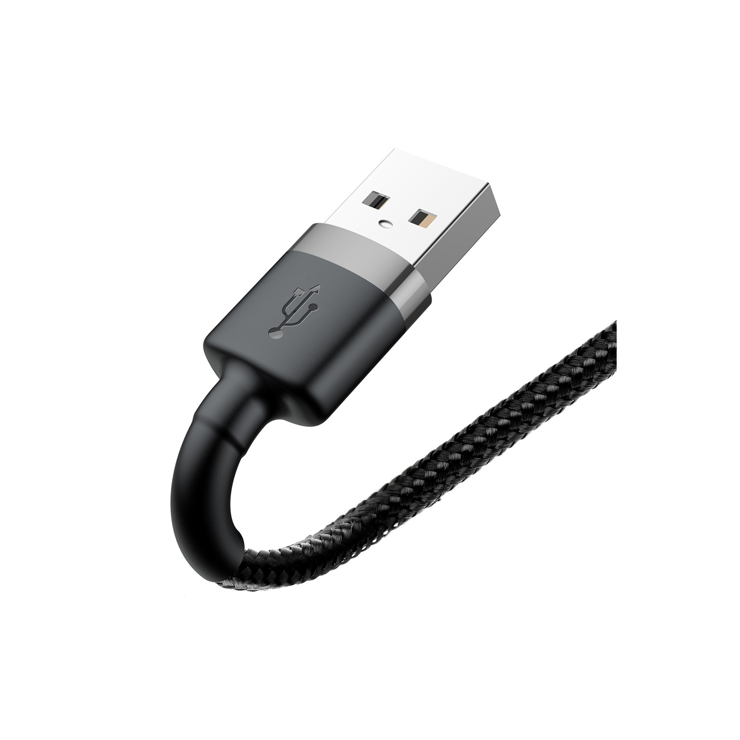 Czarny kabel USB ze złączem USB-A. Kabel ma plecioną teksturę.