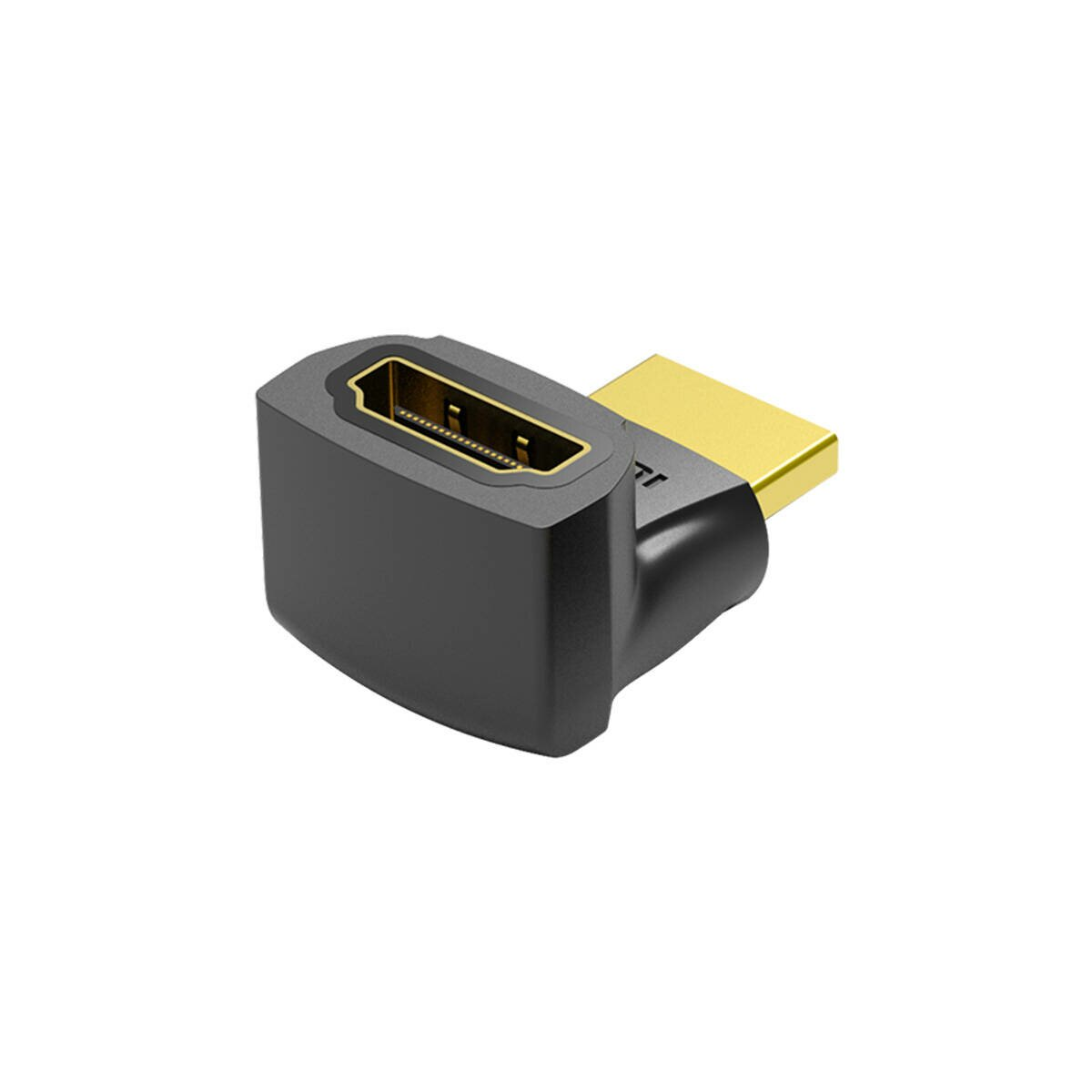 Czarny adapter HDMI ze złotym złączem. To adapter kątowy 90 stopni.
