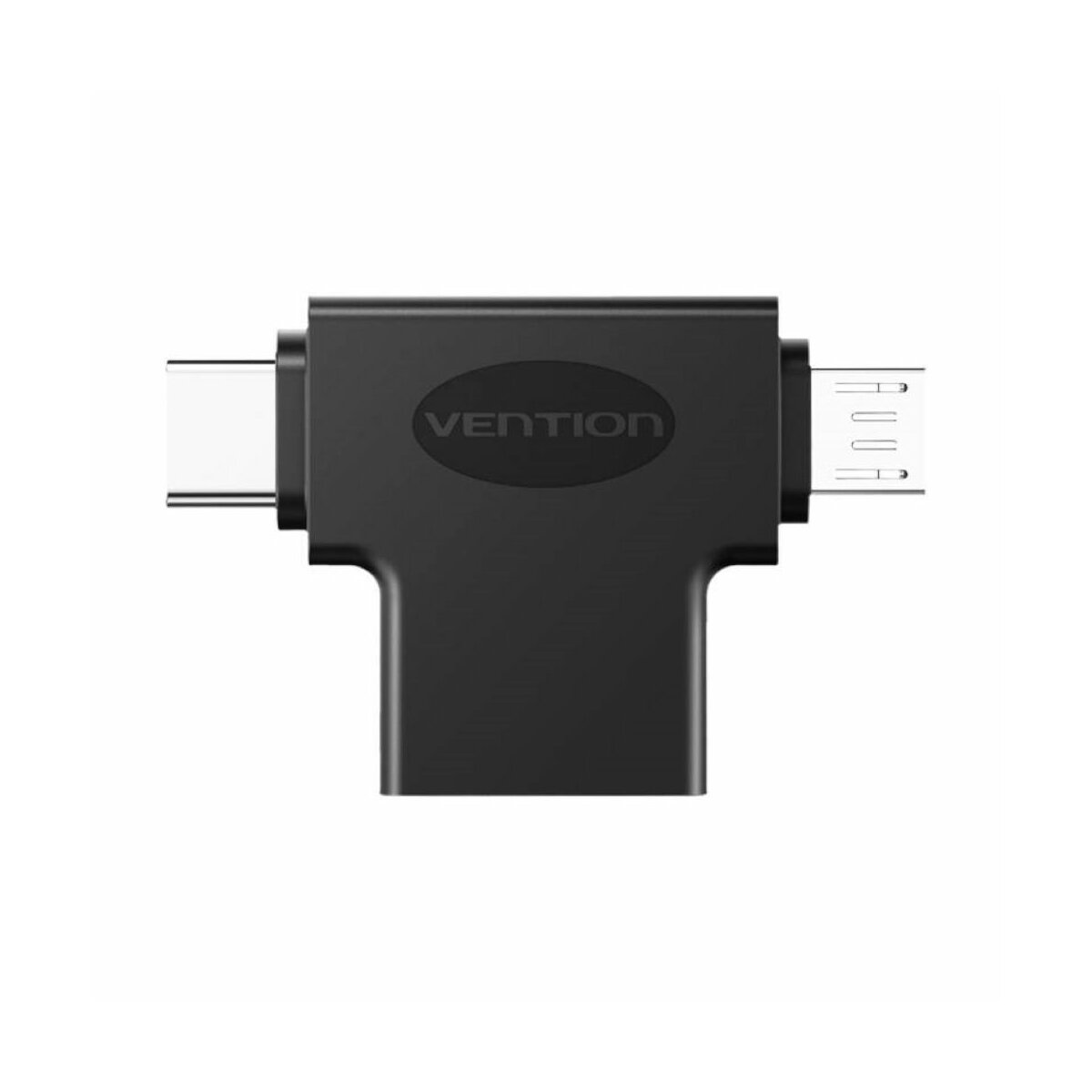Adattatore USB Vention nero con connettori USB-C, USB-A e Micro-USB.