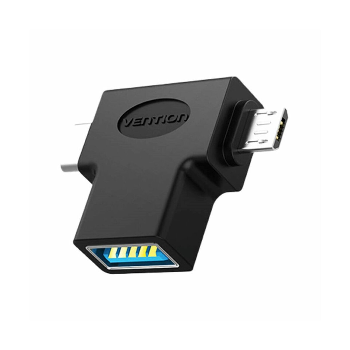 Un adattatore da USB-C a Micro USB nero su sfondo bianco.
