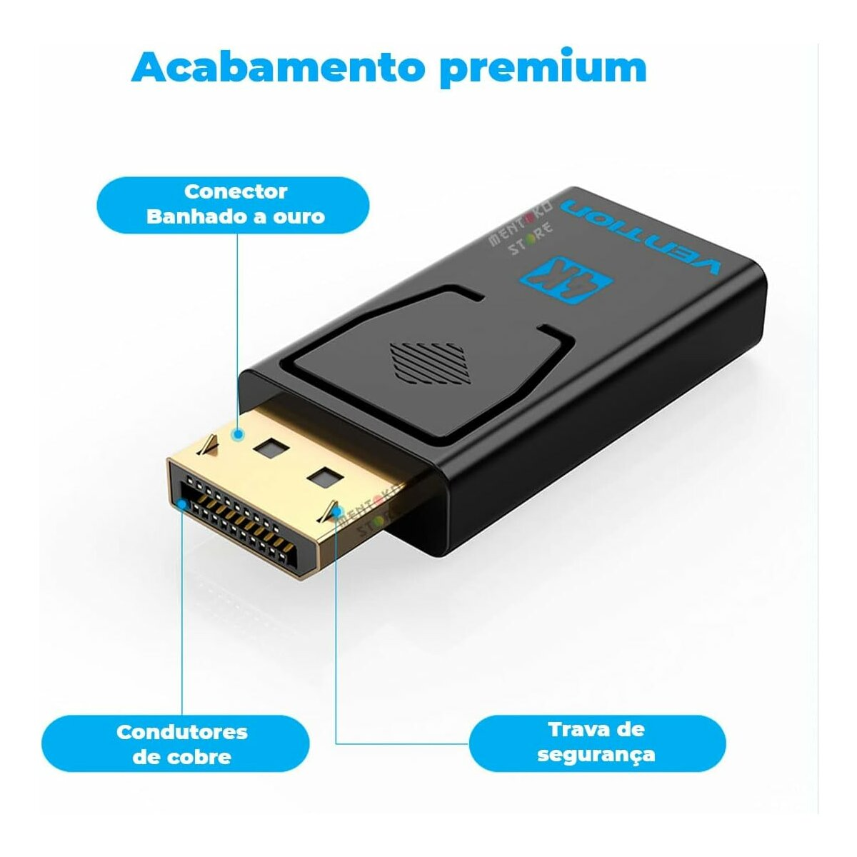 Adaptador negro con conector dorado, etiquetado 'Vention', sobre fondo azul.
