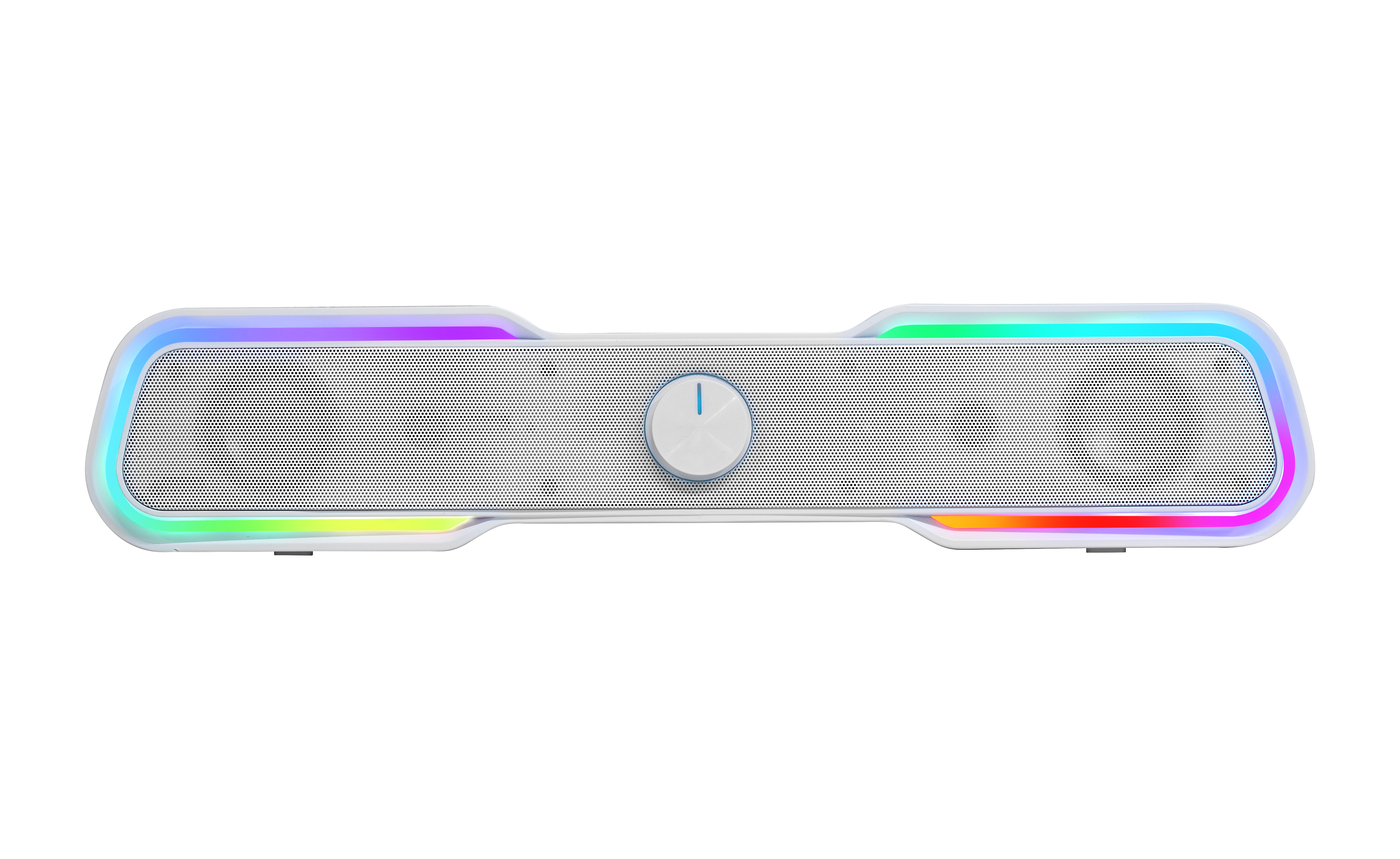 Soundbar rettangolare bianca con manopola del volume e luci colorate.