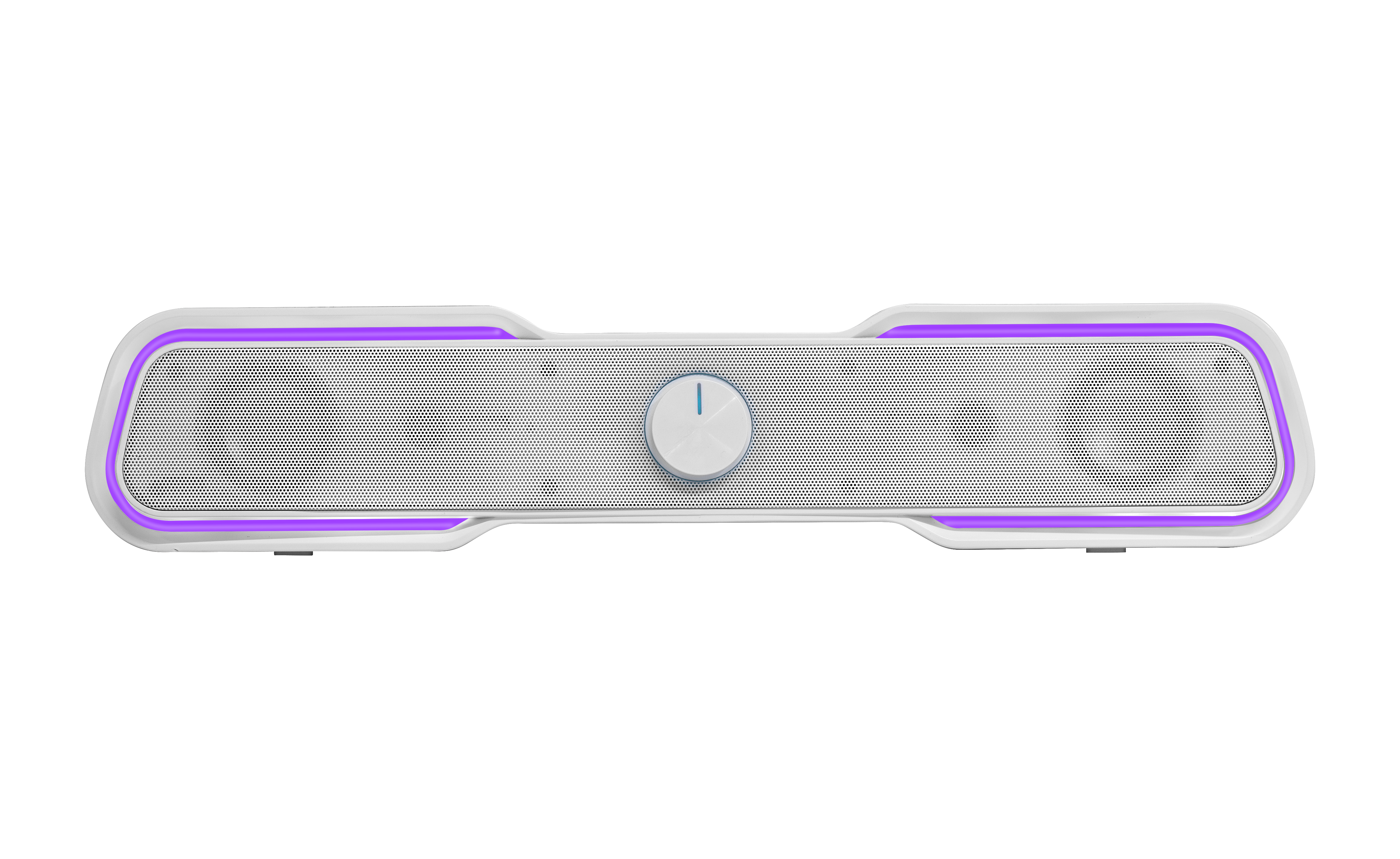 Un altoparlante bianco con una striscia di luce viola lungo i bordi, una manopola del volume al centro.