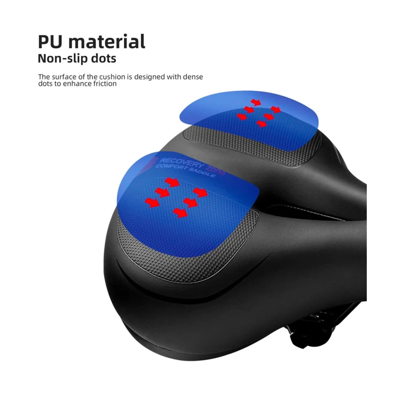 Zbliżenie czarnego siodełka rowerowego, pokazujące niebieskie podkładki antypoślizgowe z czerwonymi strzałkami.