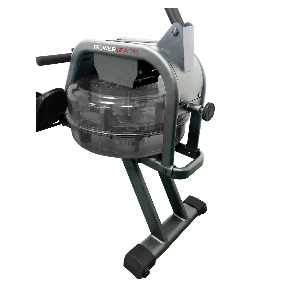 Eine silberne und schwarze Rudermaschine. Die Maschine hat einen Wassertank, einen Sitz und Griffe. Der Name 