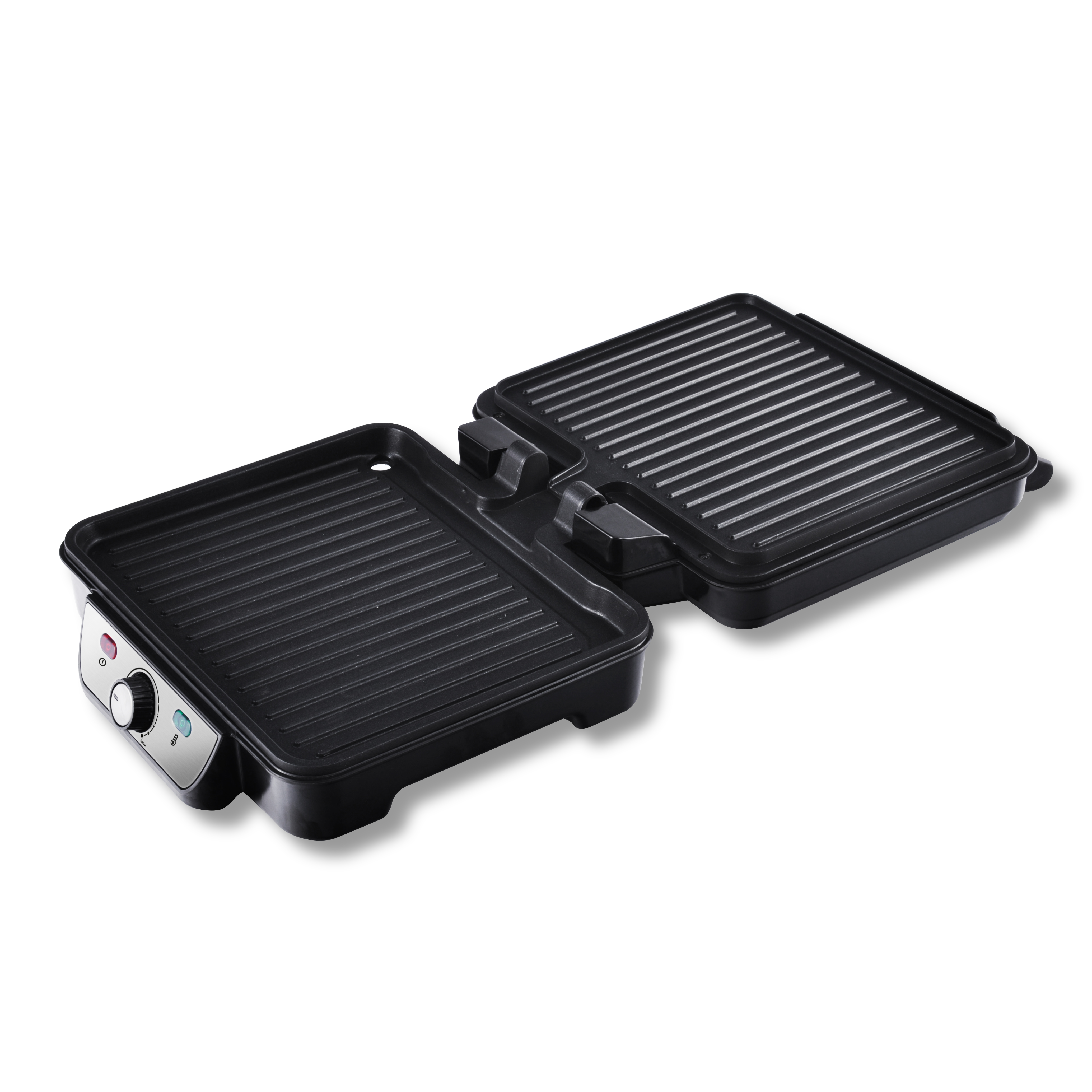 Black electric grill, open, on a white background, showing grill plates.