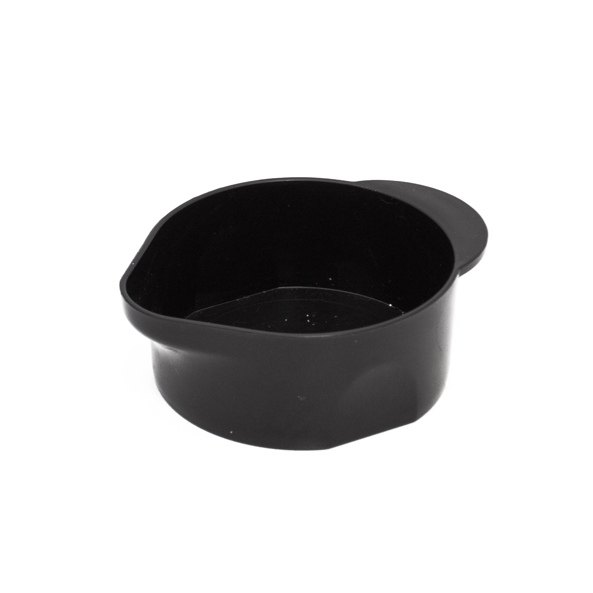 A black plastic bowl with a curved side and a small handle.