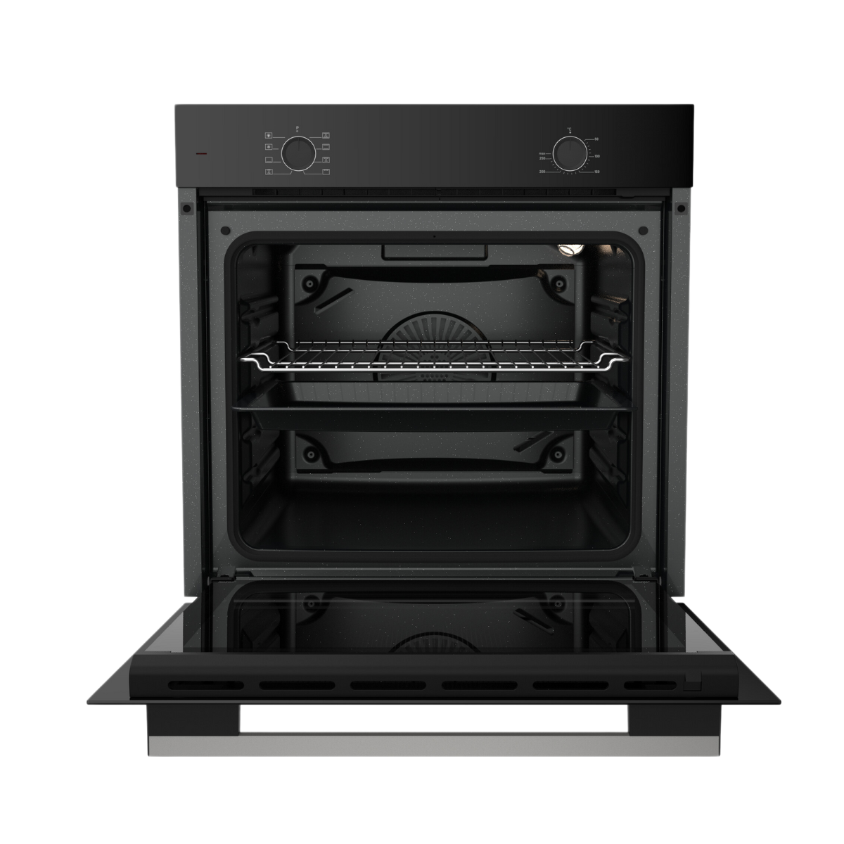 Een open oven met twee rekken erin. De oven is zwart met een stalen basis.