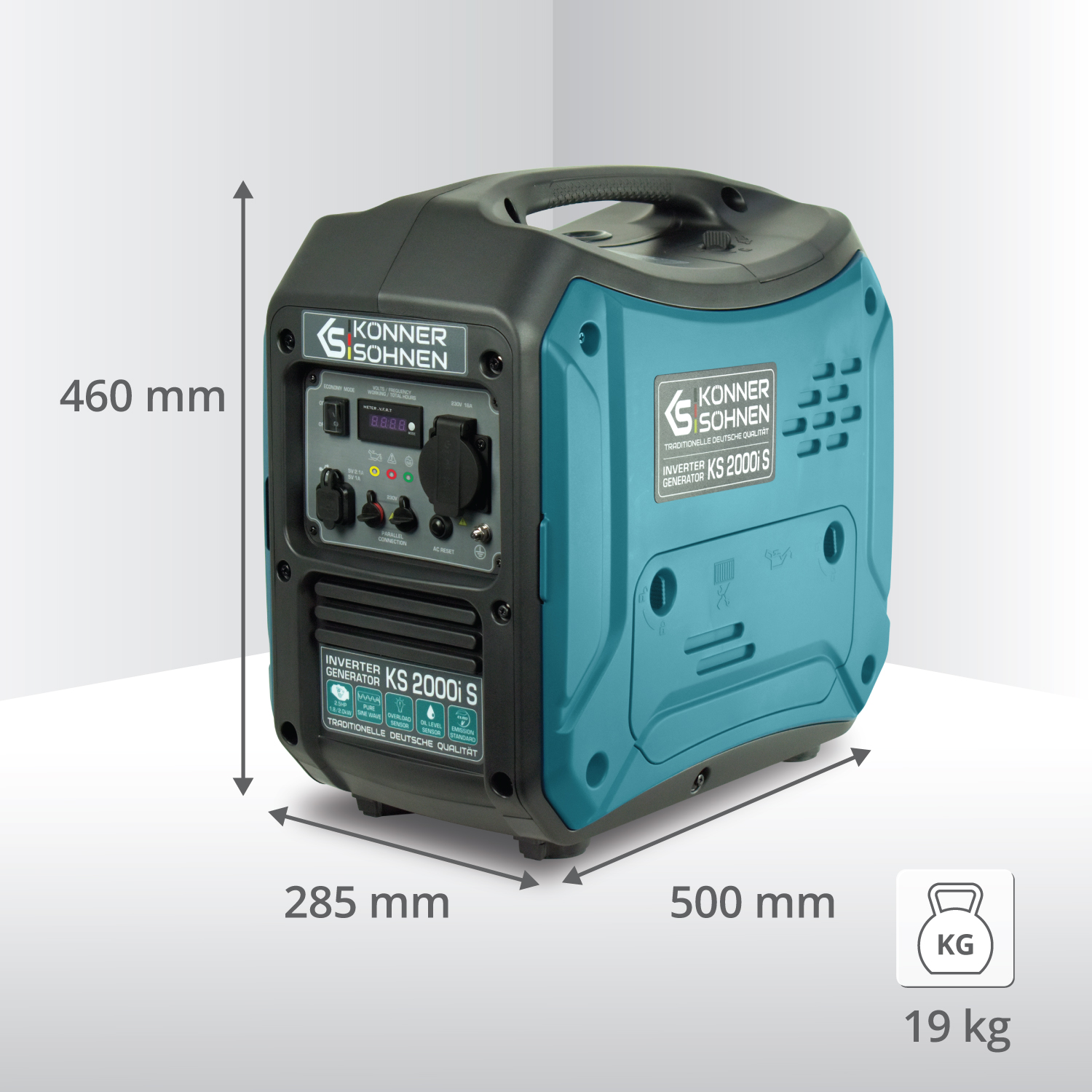 Niebiesko-zielony i czarny generator z wymiarami, wagą i szczegółami gniazda.