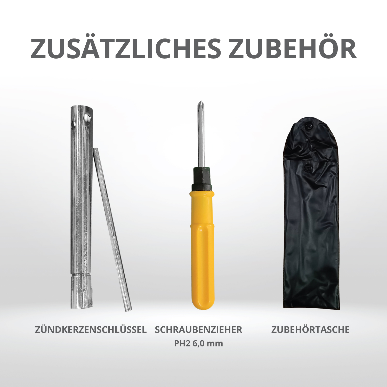 Drie gereedschappen: een bougiesleutel, een schroevendraaier en een gereedschapstas.
