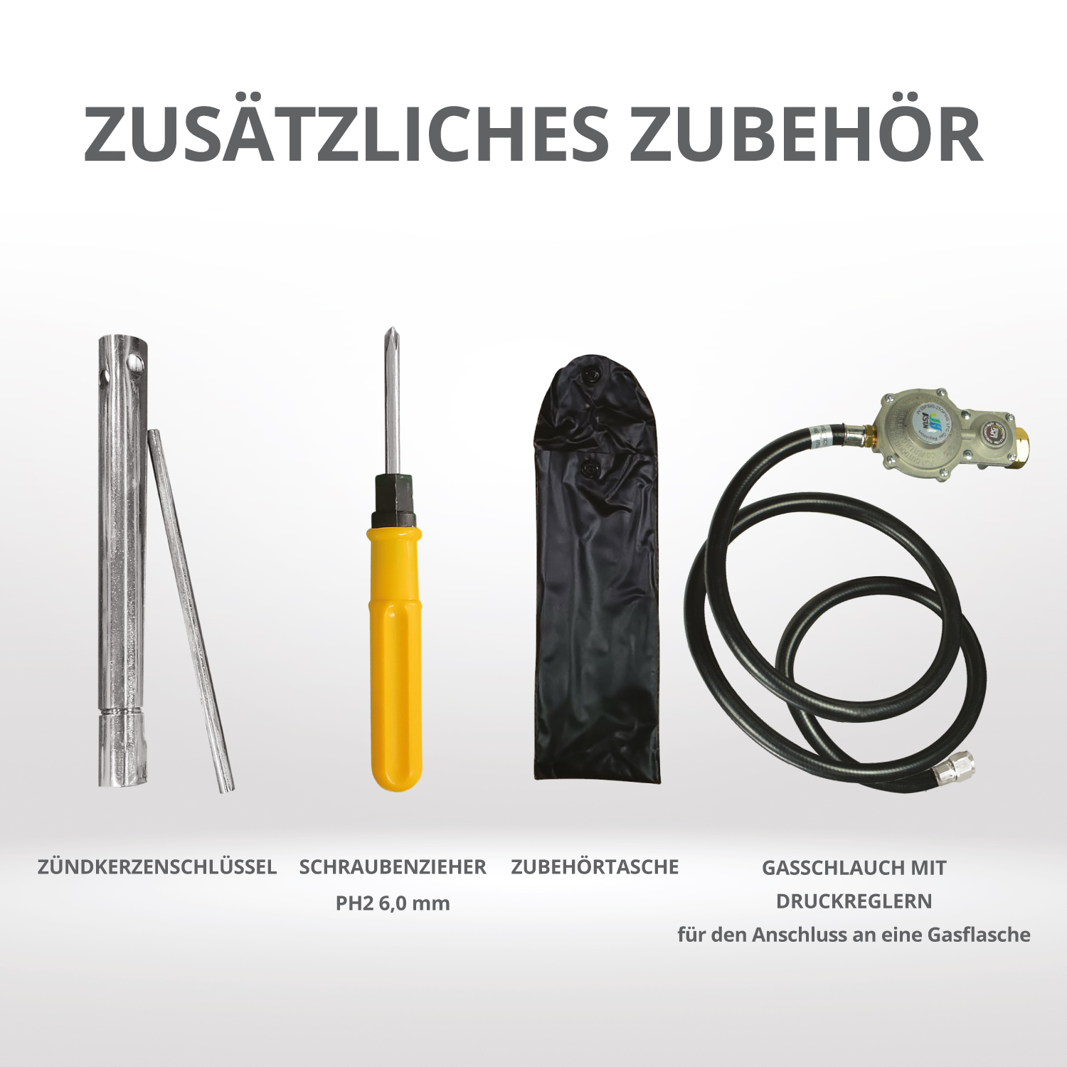Outils pour un appareil à gaz : clé, tournevis, sac et tuyau avec régulateur de pression. Étiquettes de texte.