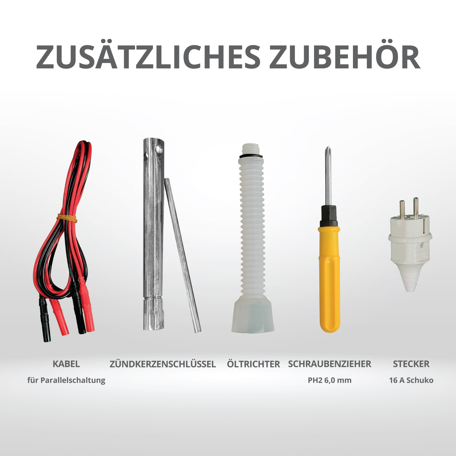 Verschiedene Werkzeuge, darunter Kabel, Schraubendreher und Zündkerzenschlüssel, auf weißem Hintergrund.