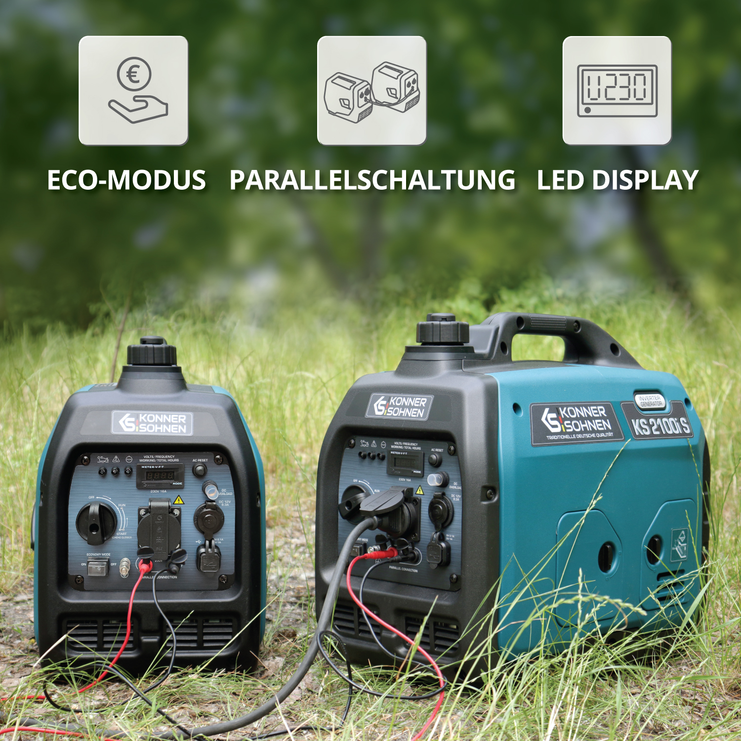 Due generatori, blu e neri, sull'erba con icone e testo: Eco-mode, Parallelo, Display LED.