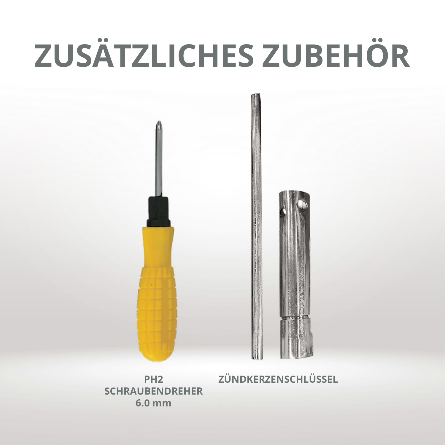 Werkzeuge auf weißem Hintergrund: ein Schraubendreher, eine Metallstange und ein Zündkerzenschlüssel.