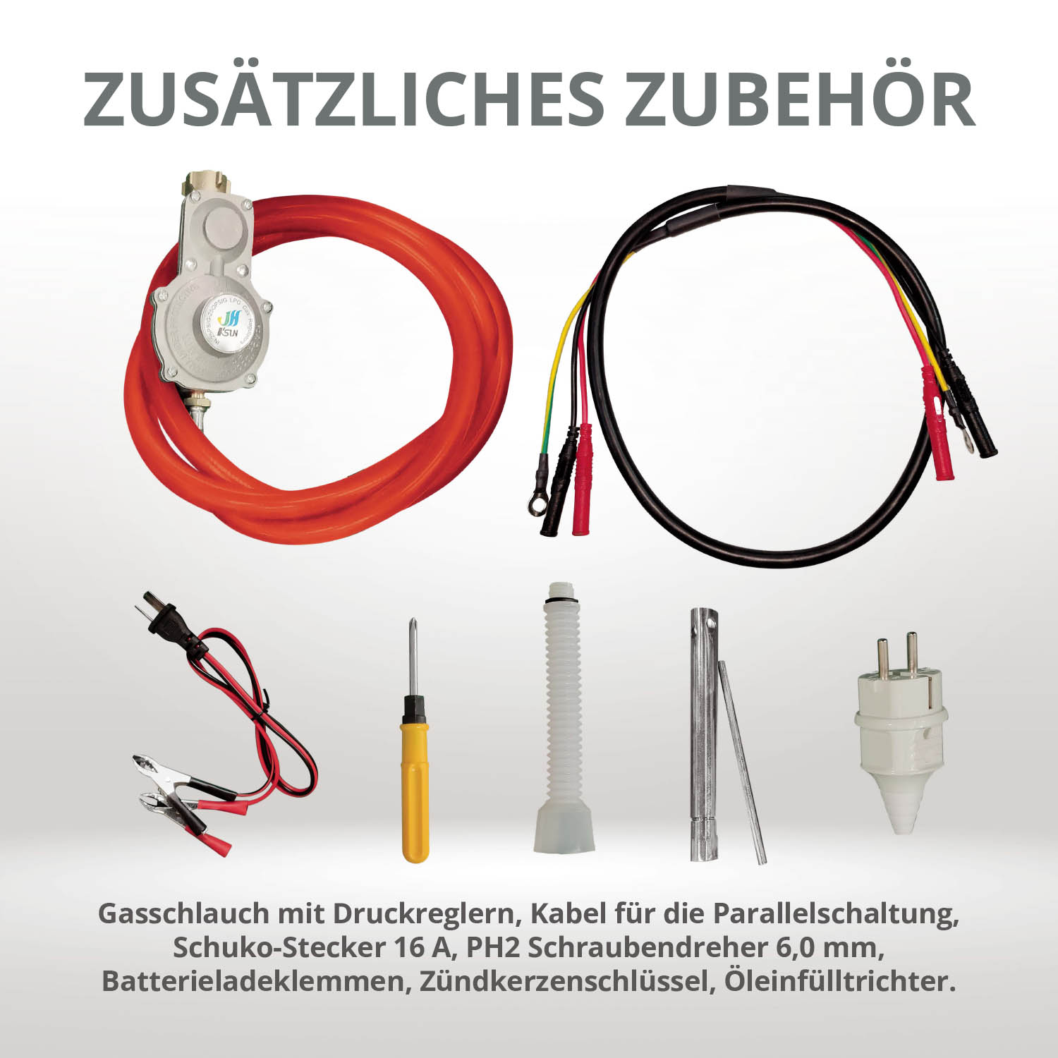 Verschiedenes Zubehör: Gasschlauch, Kabel, Schraubendreher, Stecker, Schraubenschlüssel und Stecker.