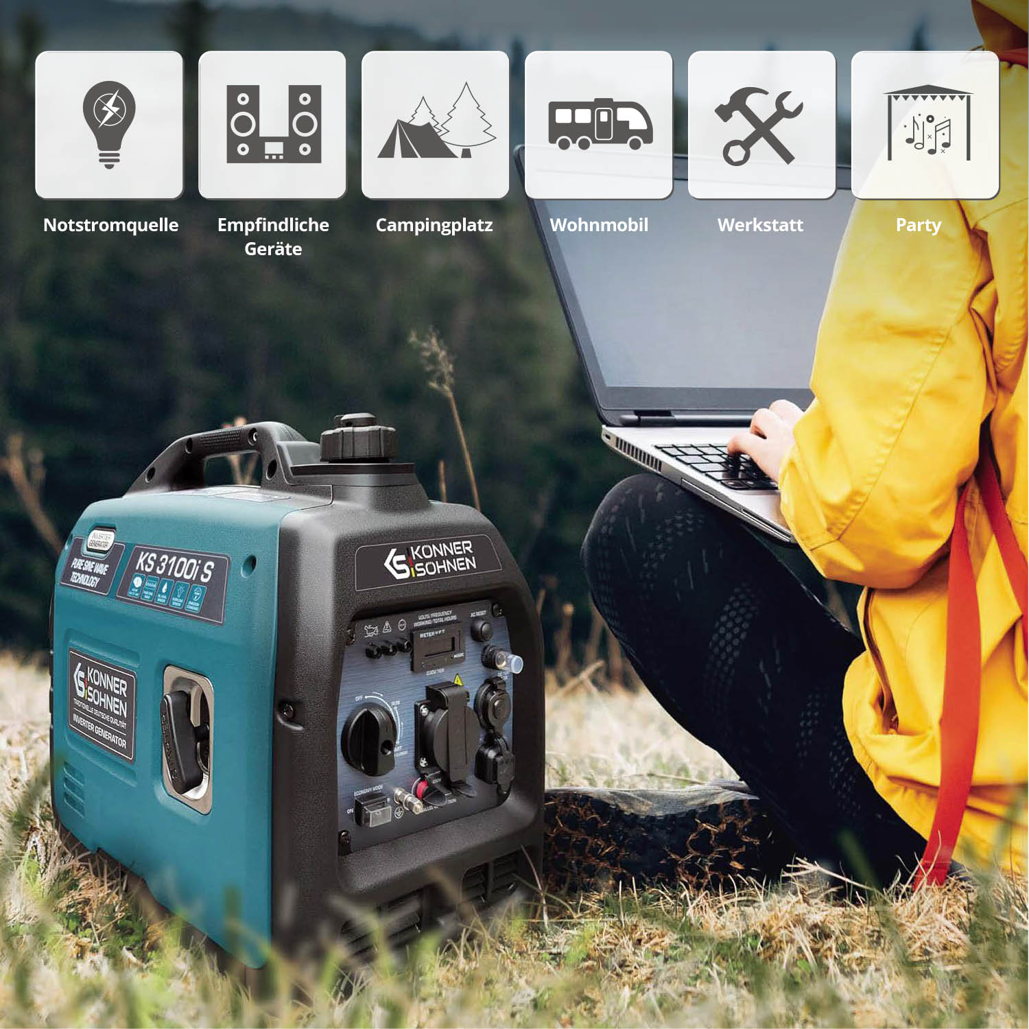 Turkusowo-czarny agregat z ikonami dla zasilania, kempingu, warsztatu i imprezy.