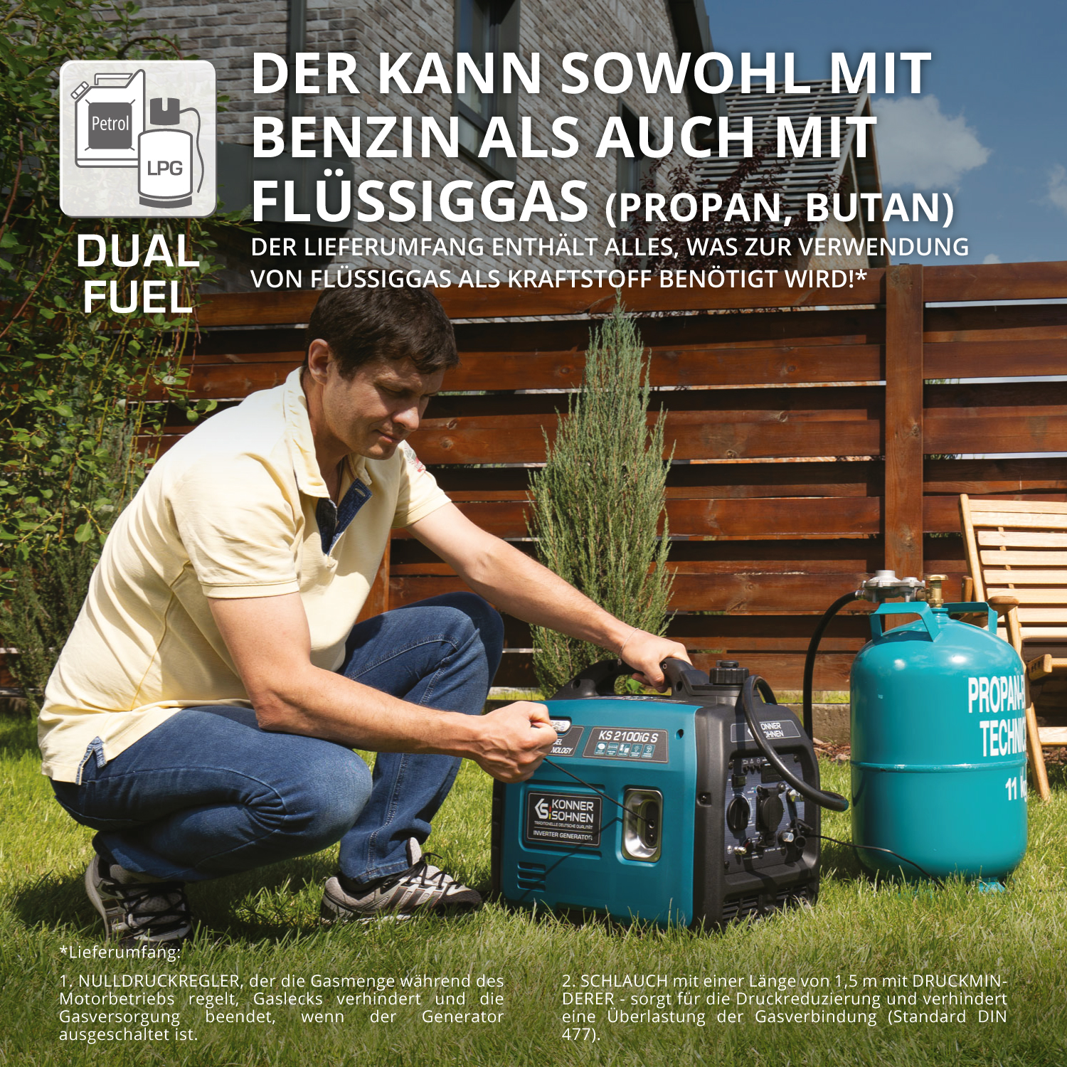 A man kneels near a generator and a propane tank. Text in German.
