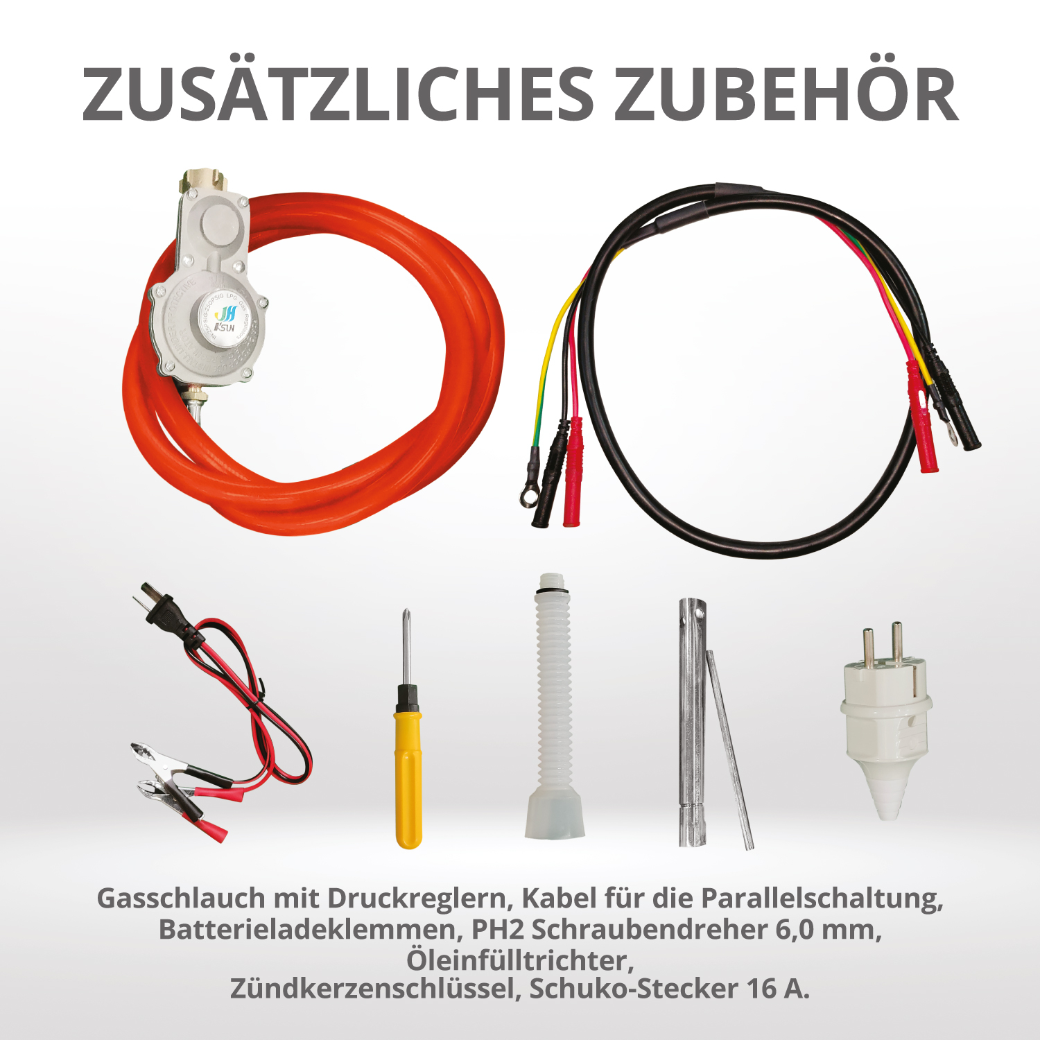 Assorted accessories for a generator. Includes a gas hose, cables, screwdrivers, and more.
