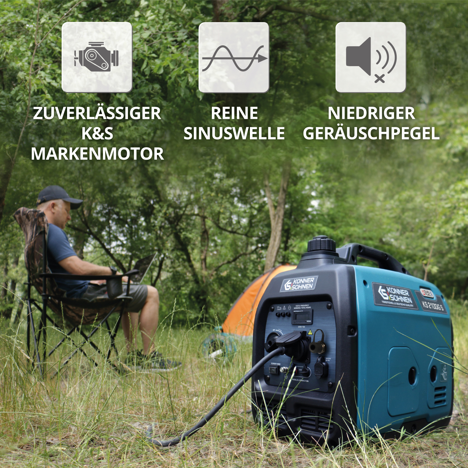 Generator działa, mężczyzna używa laptopa w tle.