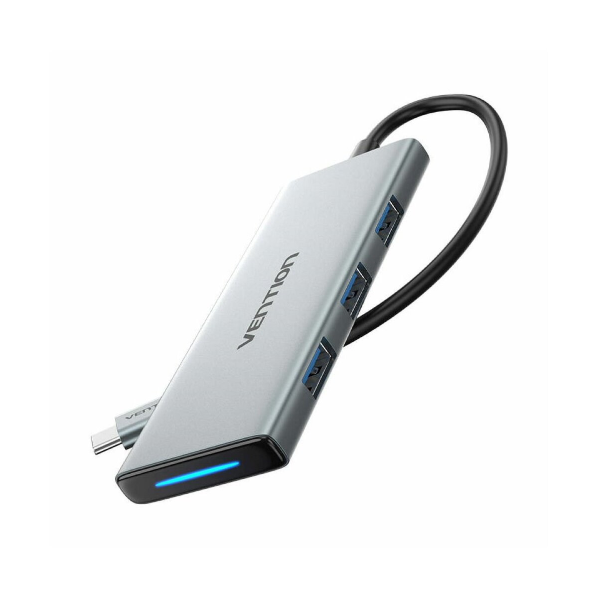 Hub USB argentato con più porte e un cavo nero. C'è scritto 'Vention'.