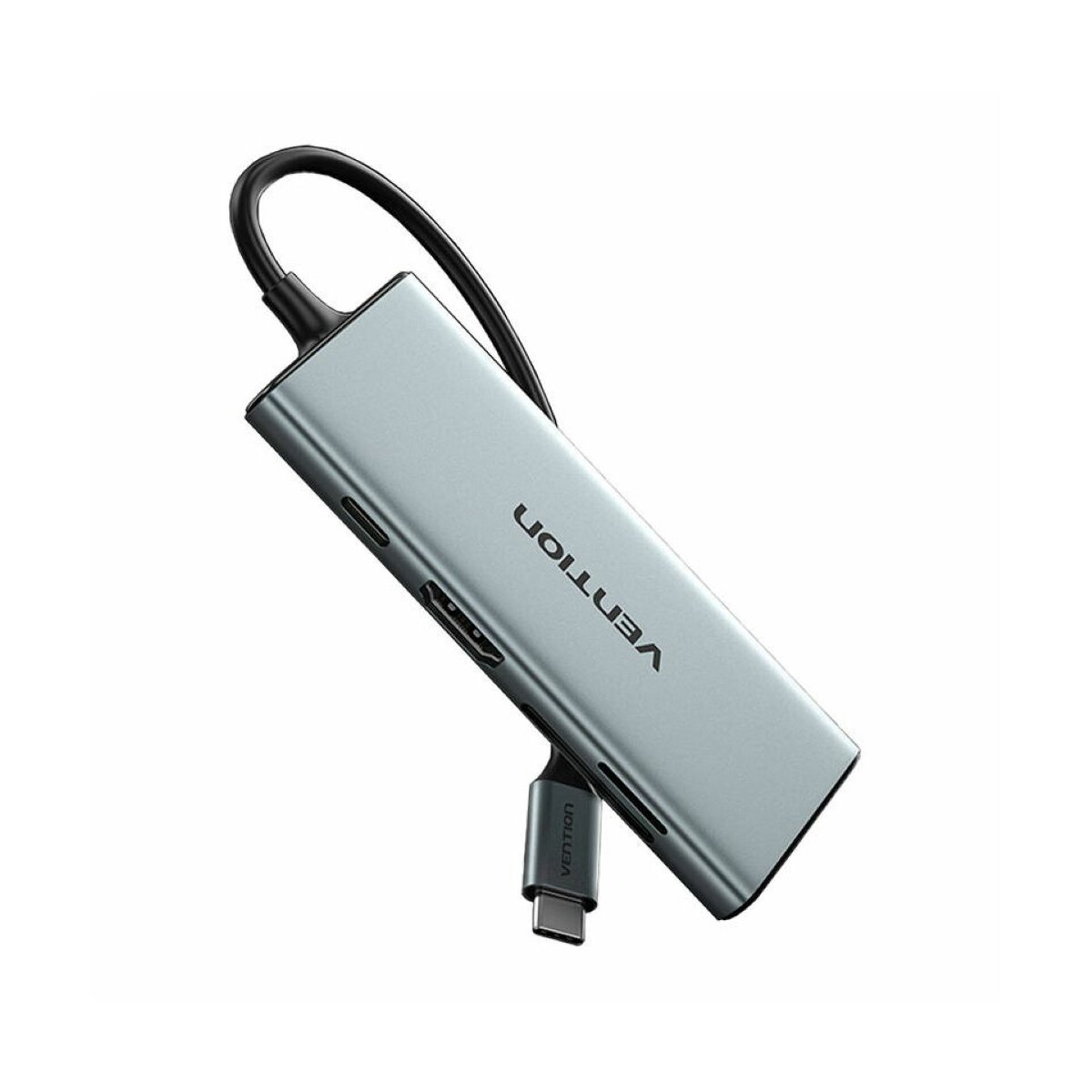 Un hub USB-C Vention grigio. Ha più porte e un connettore USB-C.