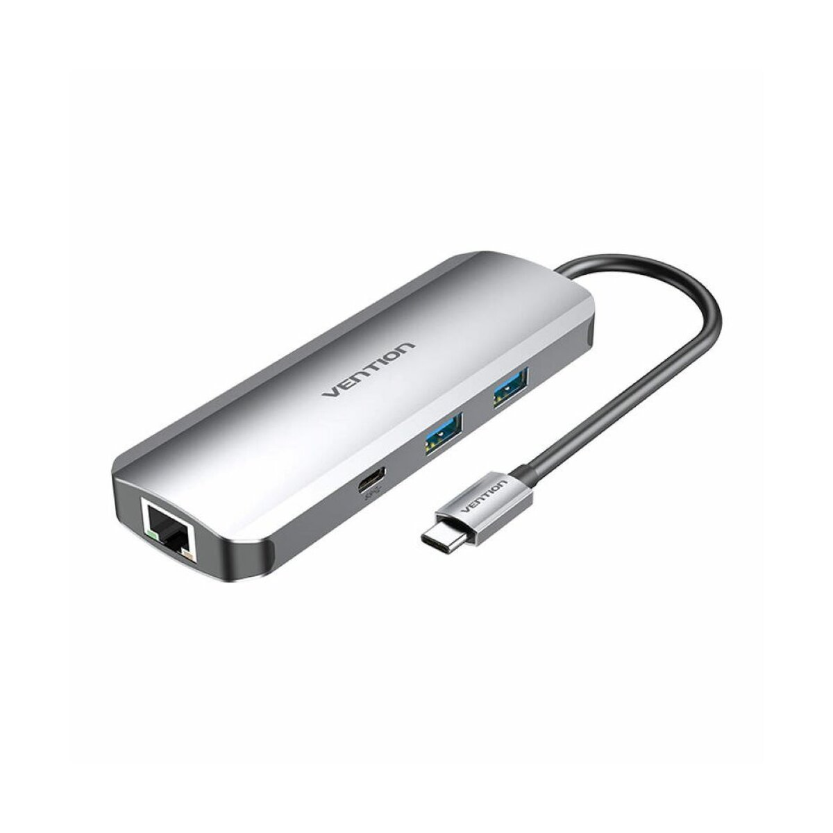 Hub USB Vention argentato con più porte e un cavo USB-C su una superficie bianca.