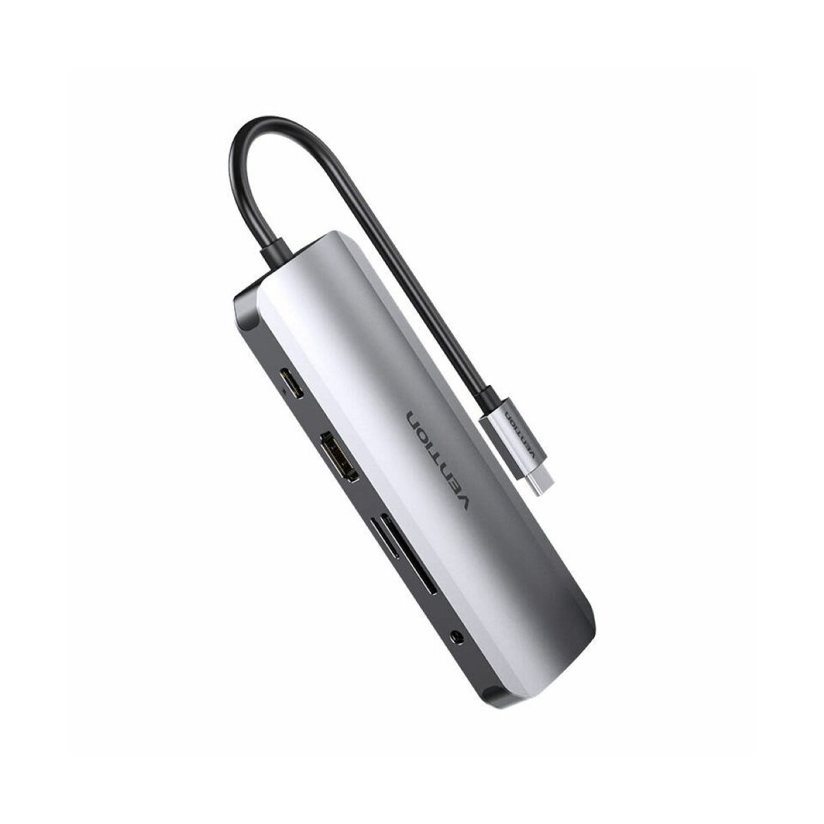 Hub USB argentato con porte multiple e cavo nero.
