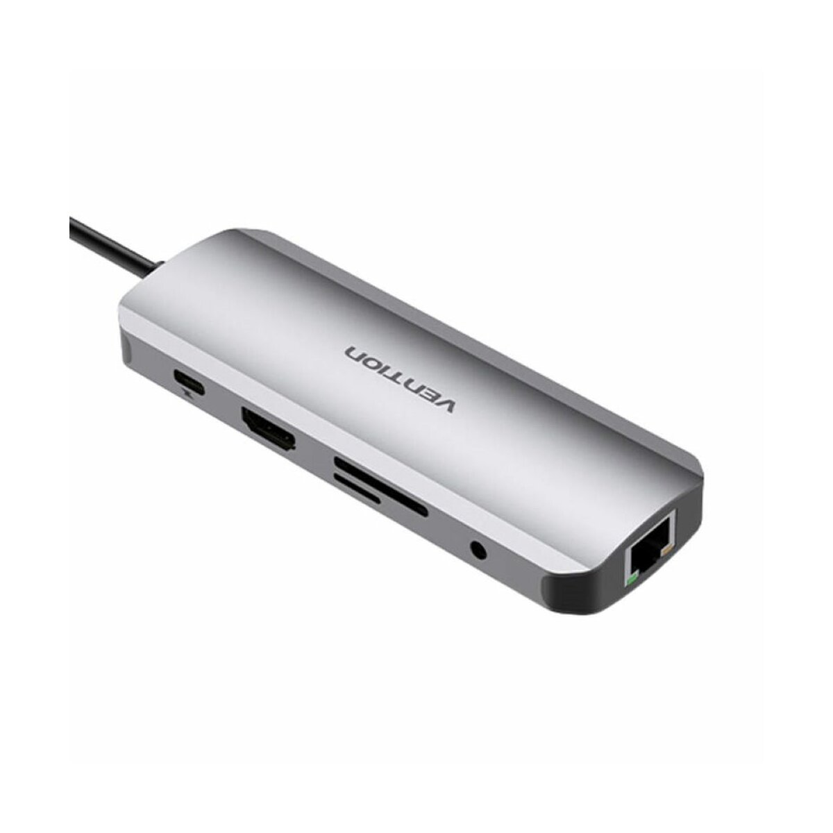 Un hub USB Vention argentato con più porte e un cavo nero.